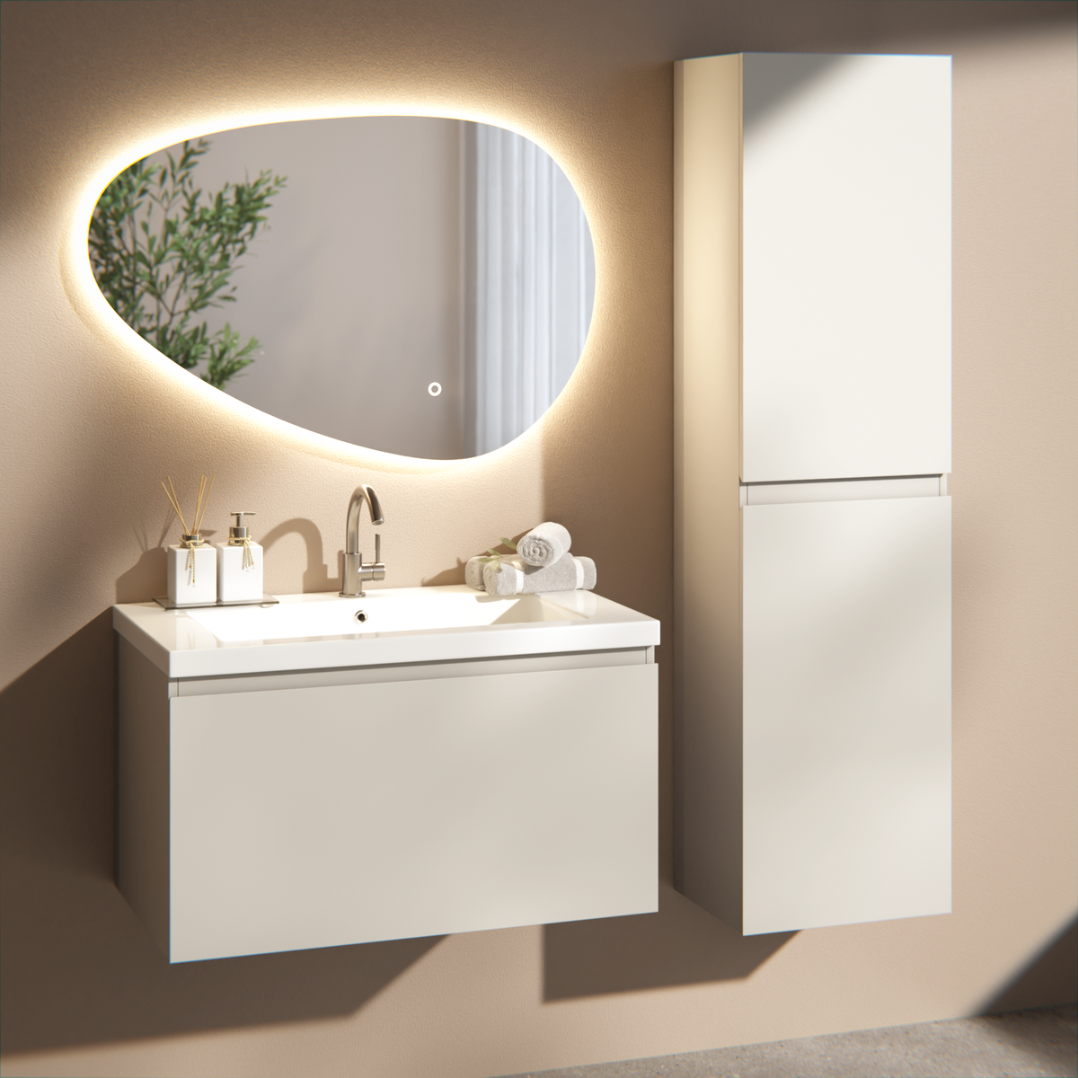 Badezimmermöbel Niko - 80cm - Taupe - Waschbecken Weiß