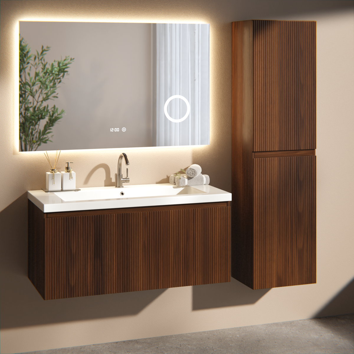Badezimmermöbel Indy - 100 cm - Walnussbraun - Waschbecken Weiß