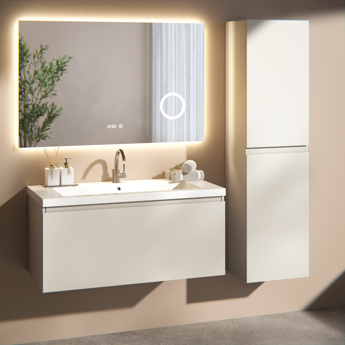 Badezimmermöbel Indy - 100 cm - Taupe - Waschbecken Weiß
