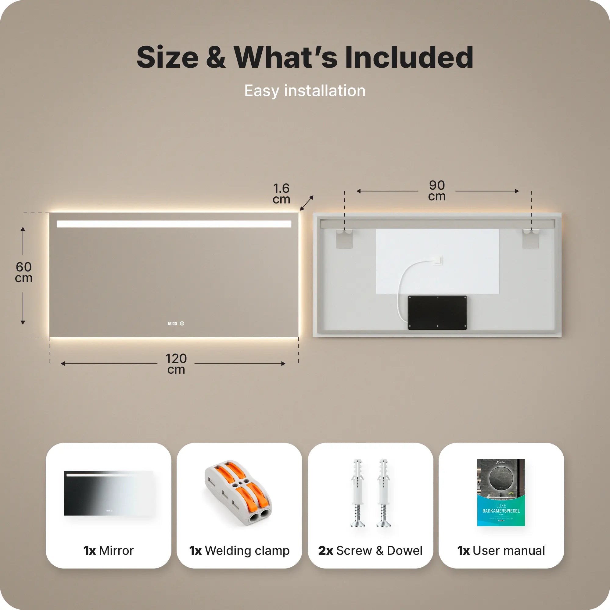 Badezimmerspiegel – 120x60 cm – Rahmenlos - Rechteck