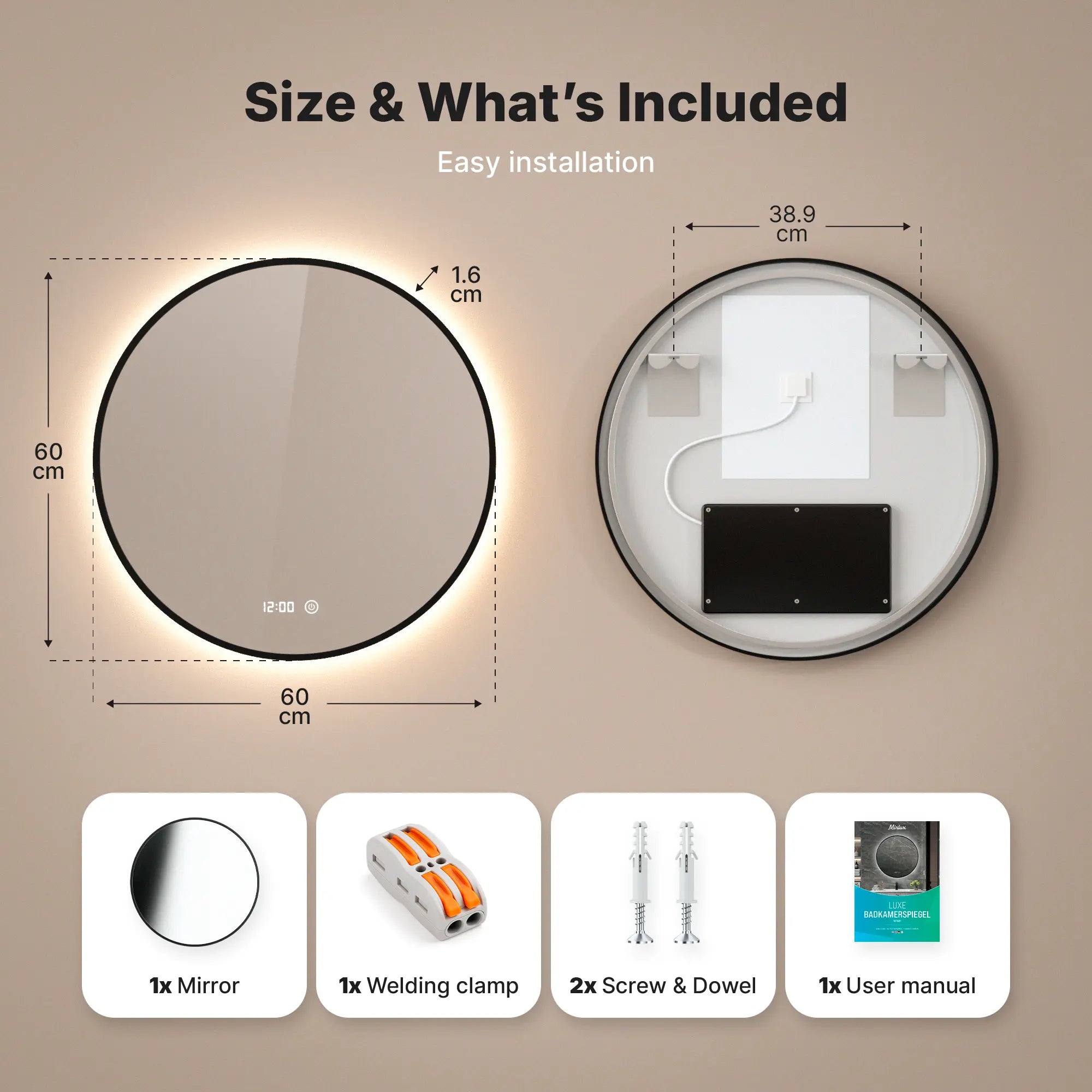 Badezimmerspiegel - Rund - 60cm - Schwarzer Rahmen