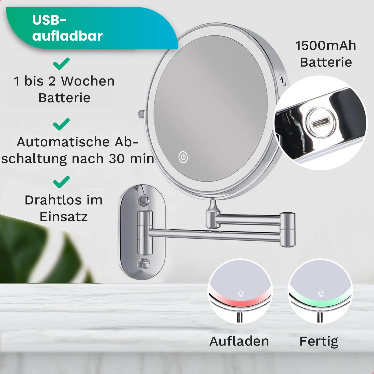 Schminkspiegel - Wiederaufladbar - 10-fache Vergrößerung - Chrom