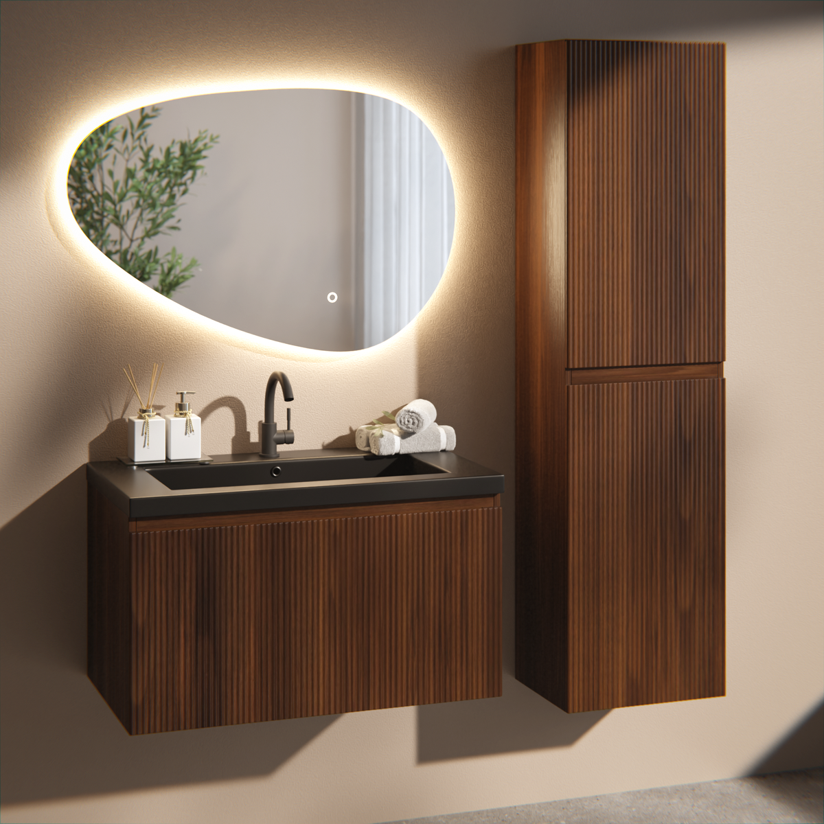 Badezimmermöbel Niko - 80cm - Walnuss - Waschbecken Schwarz