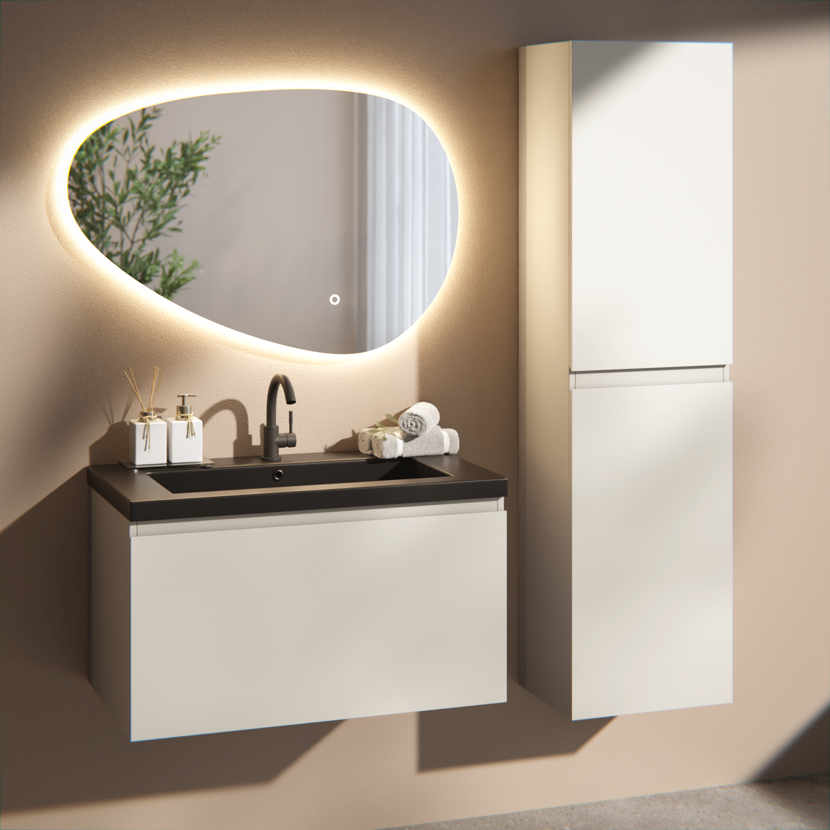Badezimmermöbel Niko - 80cm - Taupe - Waschbecken Schwarz