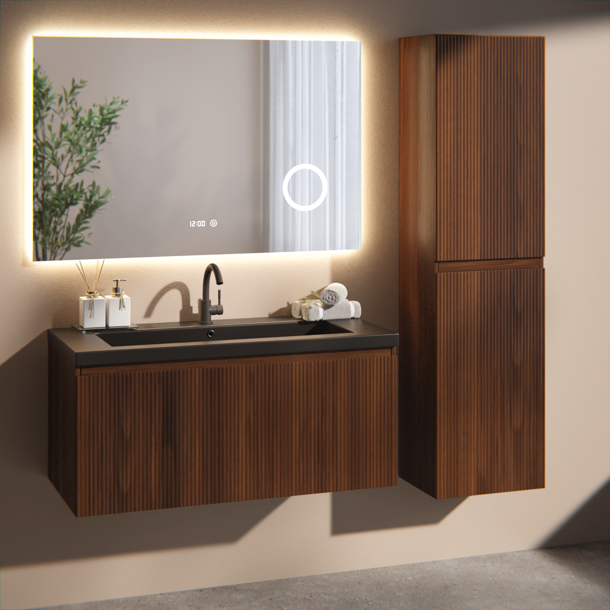 Badezimmermöbel Indy - 100cm - Walnussbraun - Waschbecken Schwarz