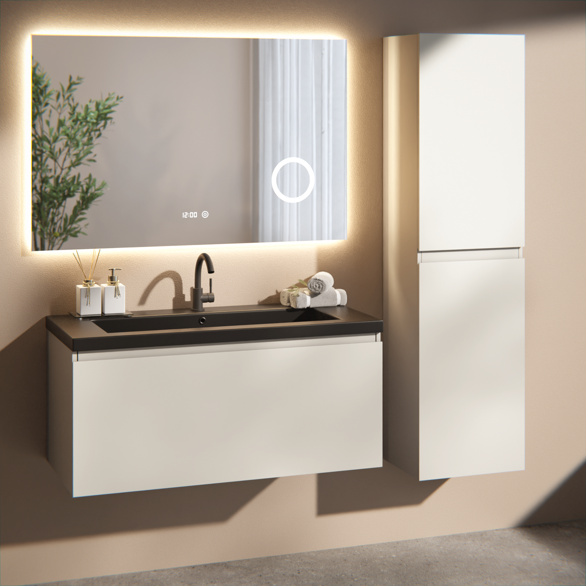 Badezimmermöbel Indy - 100 cm - Taupe - Waschbecken Schwarz