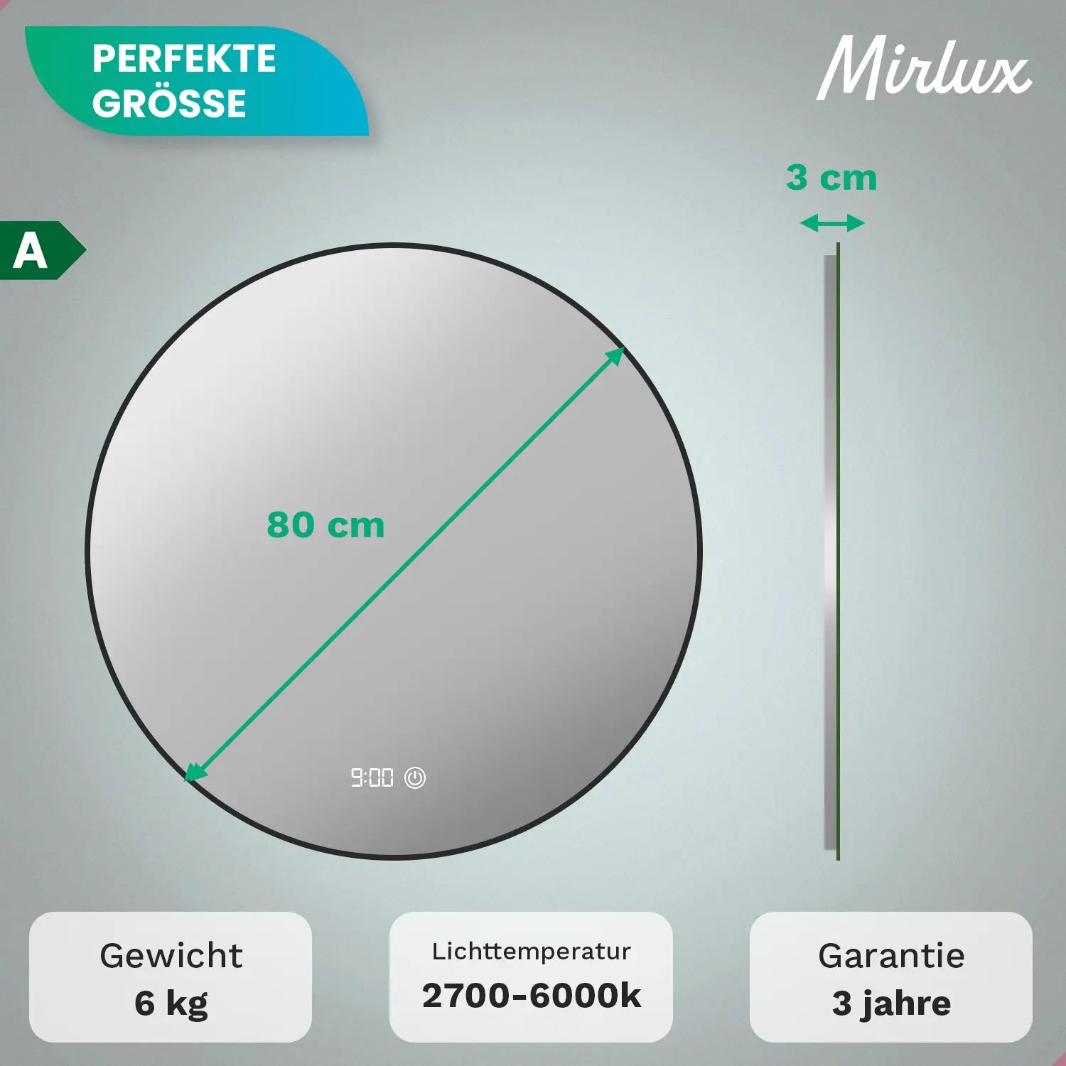 Badezimmerspiegel - Rund - 80cm - Schwarzer Rahmen