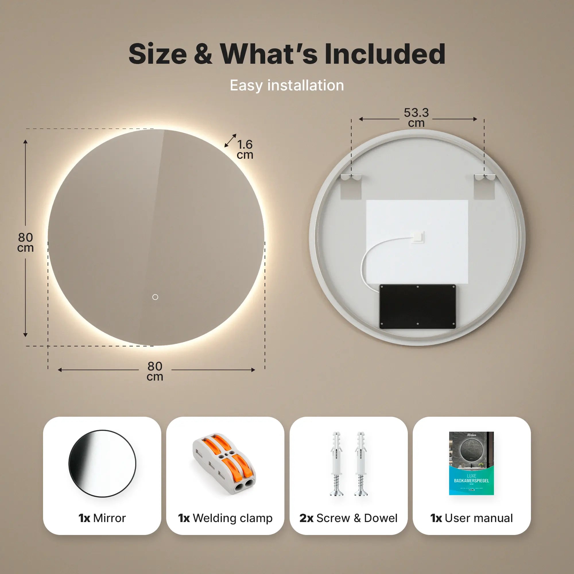 Badezimmerspiegel - Rund - 80cm - Rahmenlos