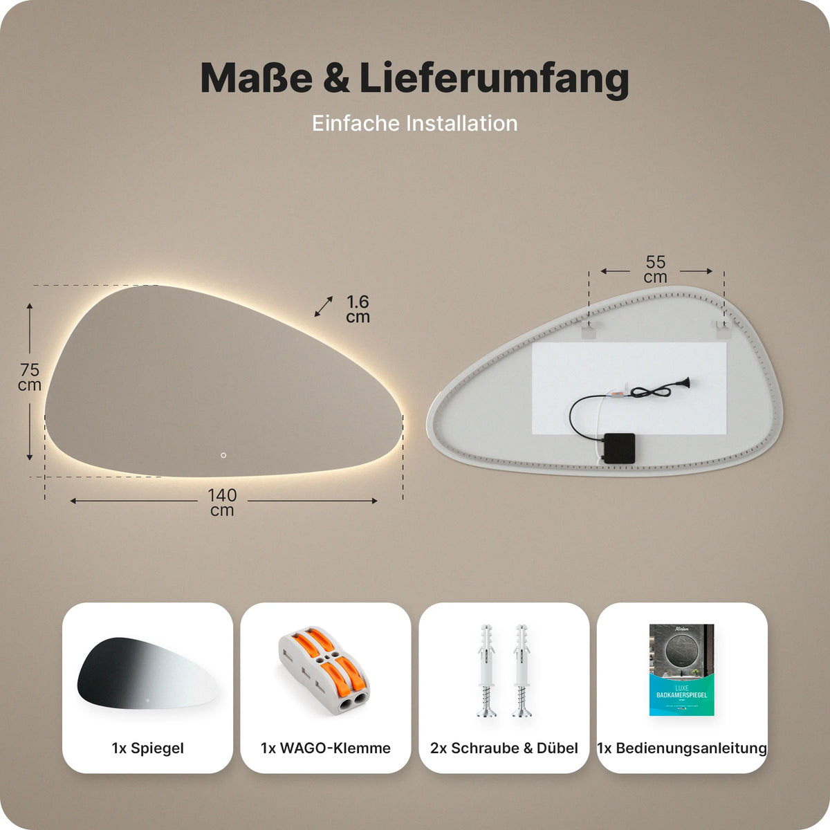 Badezimmerspiegel - 140x75cm Asymmetrisch - Rahmenlos
