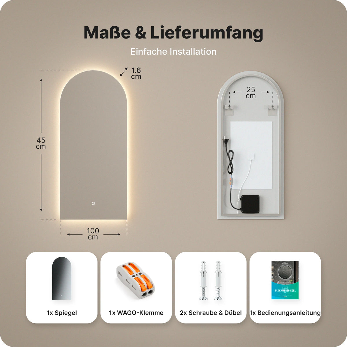 Badezimmerspiegel - 45x100cm Bogenform - Rahmenlos