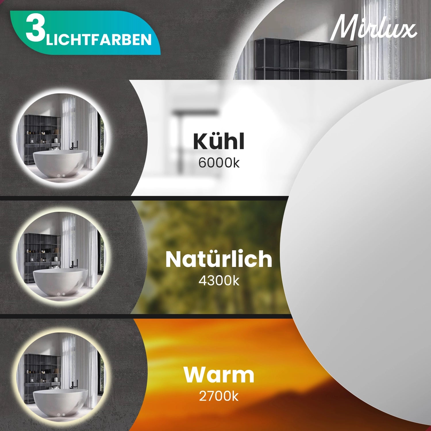 Badezimmerspiegel - Rund - 80cm - Schwarzer Rahmen