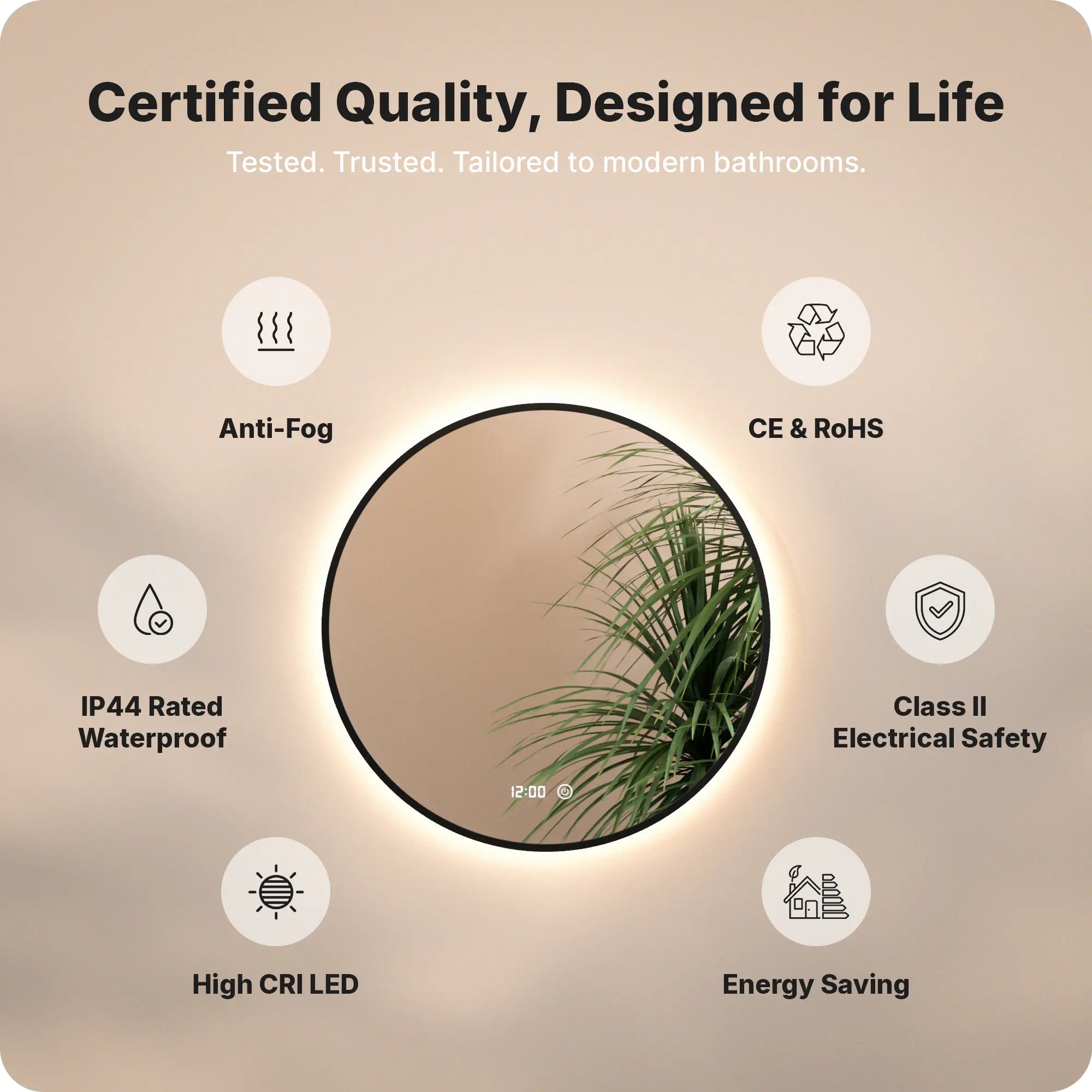 Badezimmerspiegel - Rund - 60cm - Schwarzer Rahmen