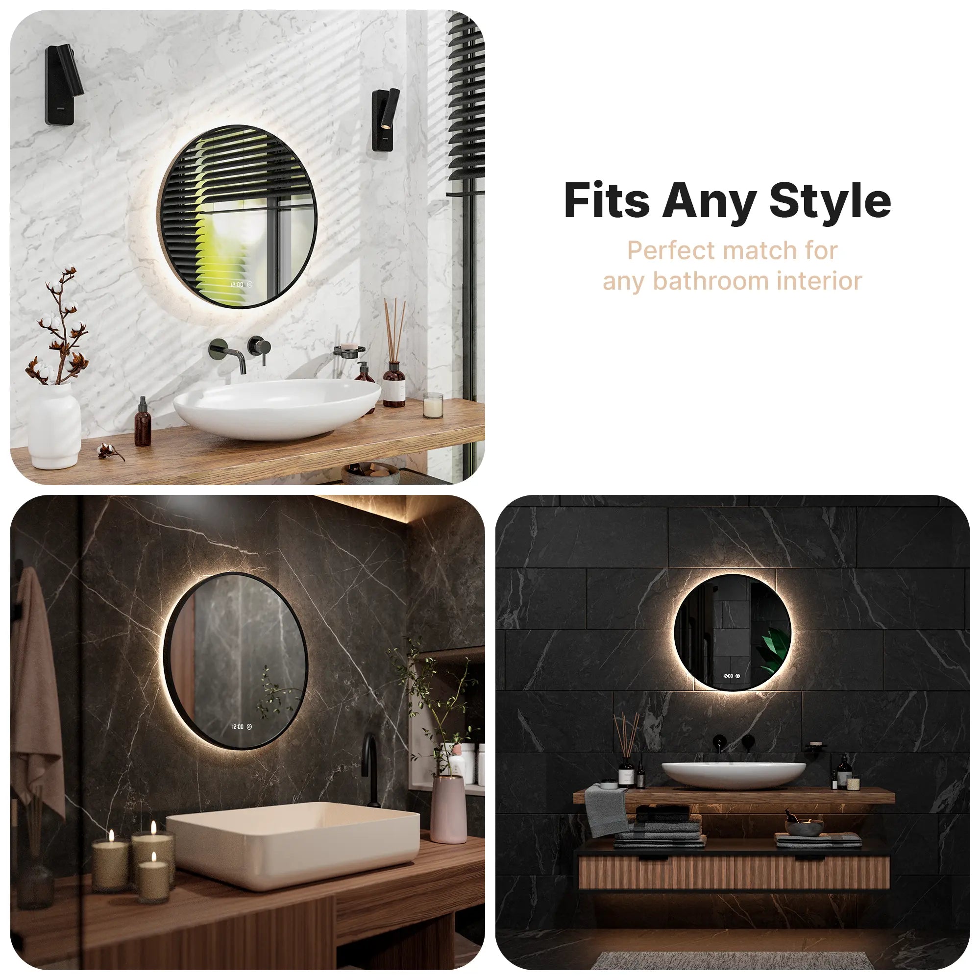 Badezimmerspiegel - Rund - 60cm - Schwarzer Rahmen