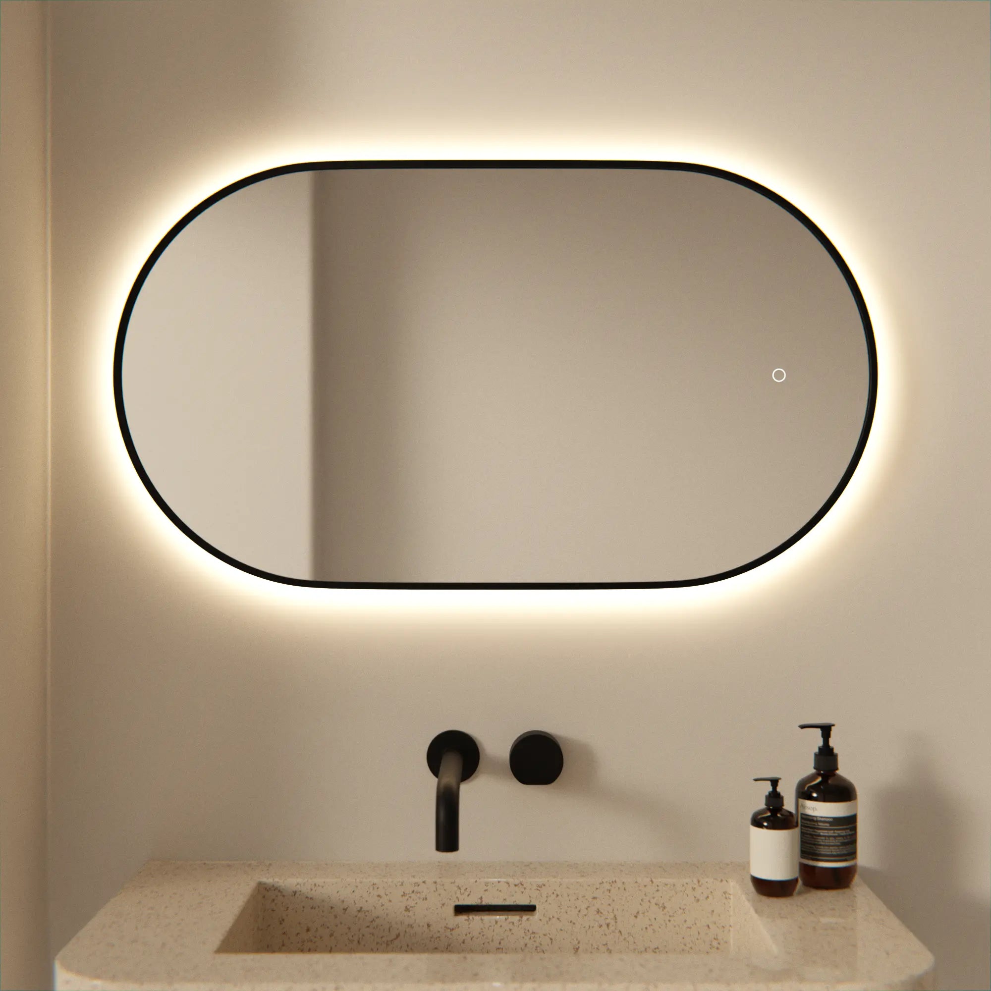 Badezimmerspiegel - 90x50cm - Schwarzer Rahmen - Oval