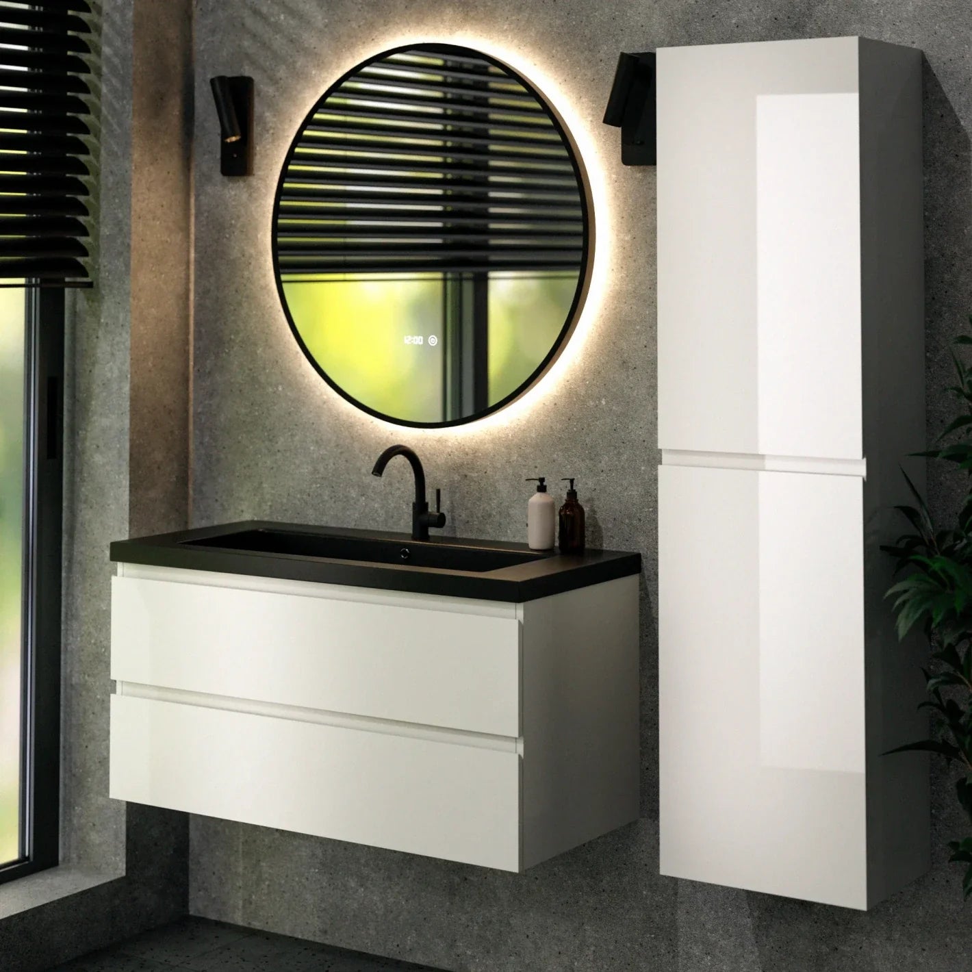 Badezimmermöbel Set Paris – 100 cm – Weiß – Schwarzes Waschbecken