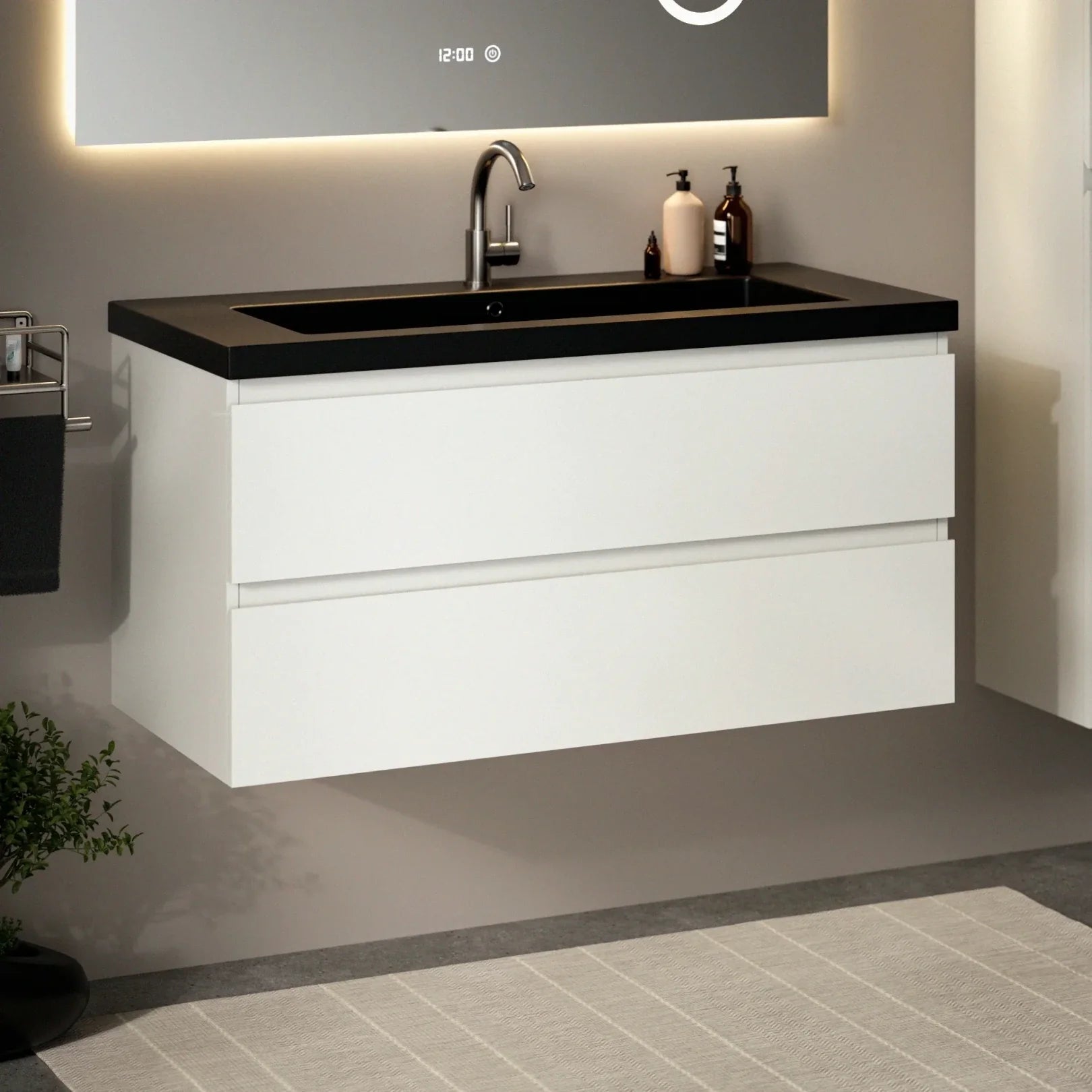 Badezimmermöbel Set Paris – 100 cm – Weiß – Schwarzes Waschbecken