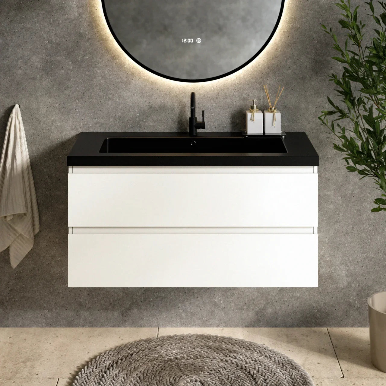Badezimmermöbel Sena – 100 cm – Weiß – Schwarzes Waschbecken
