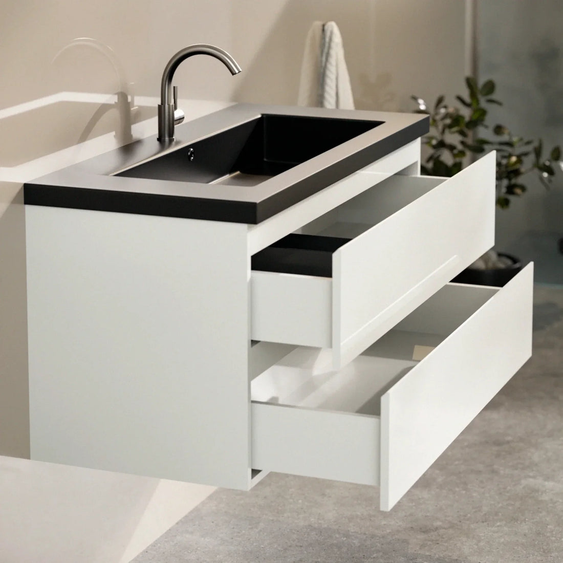 Badezimmermöbel Sena – 100 cm – Weiß – Schwarzes Waschbecken