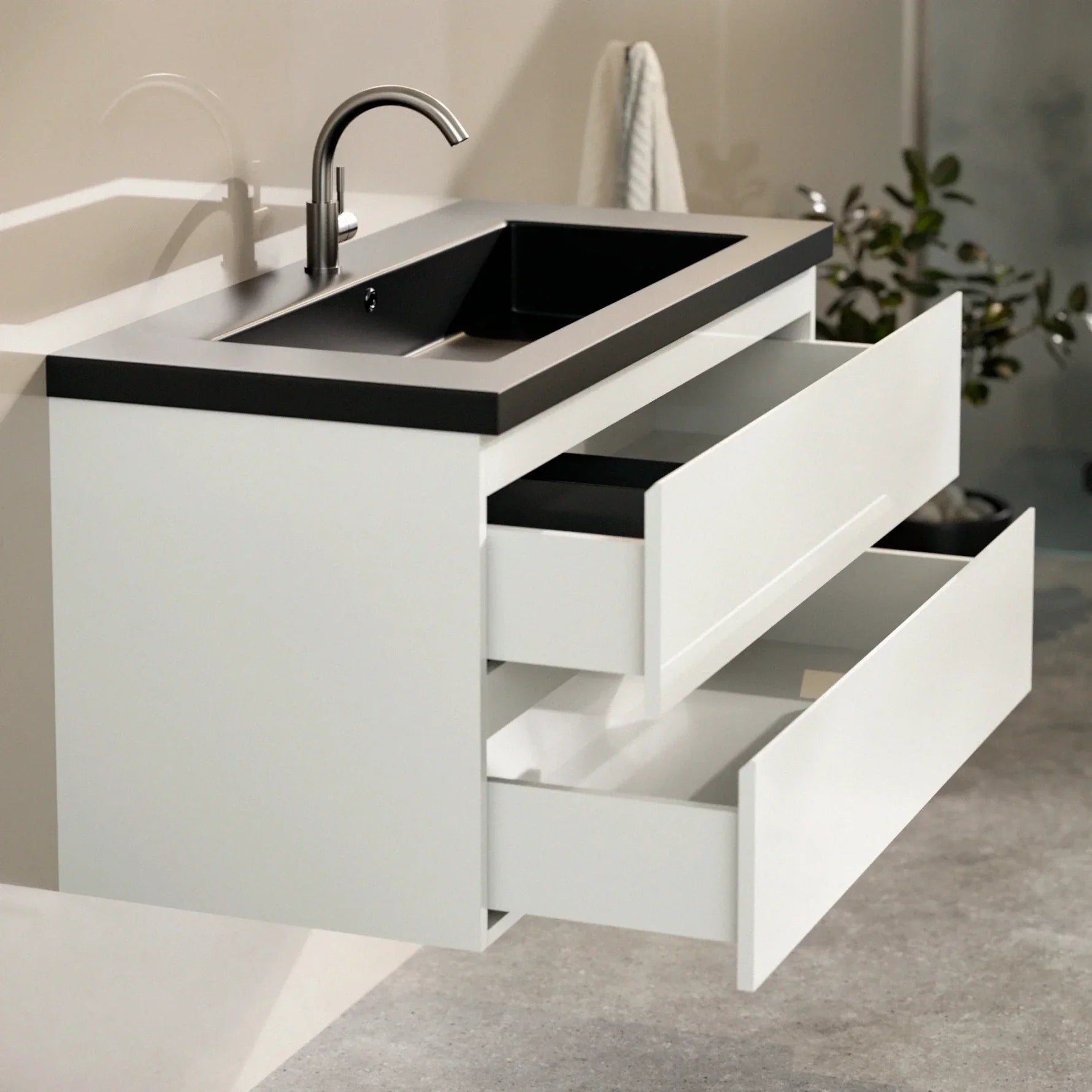 Badezimmermöbel Sena – 100 cm – Weiß – Schwarzes Waschbecken