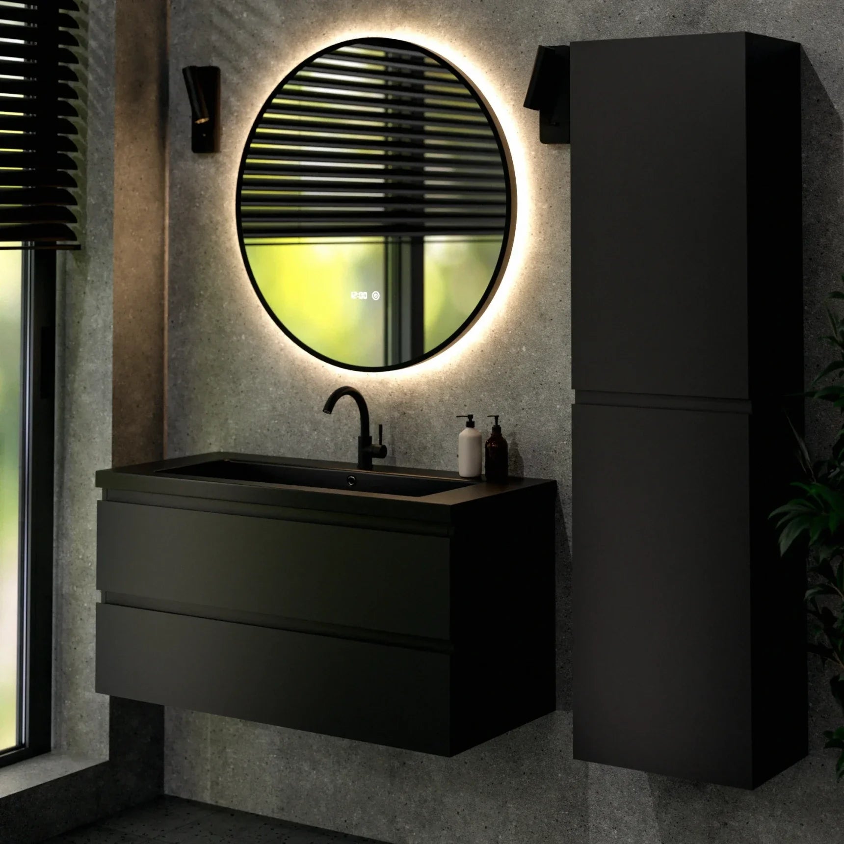Badezimmermöbel Set Novara – 100 cm – Mattschwarz – Schwarzes Waschbecken