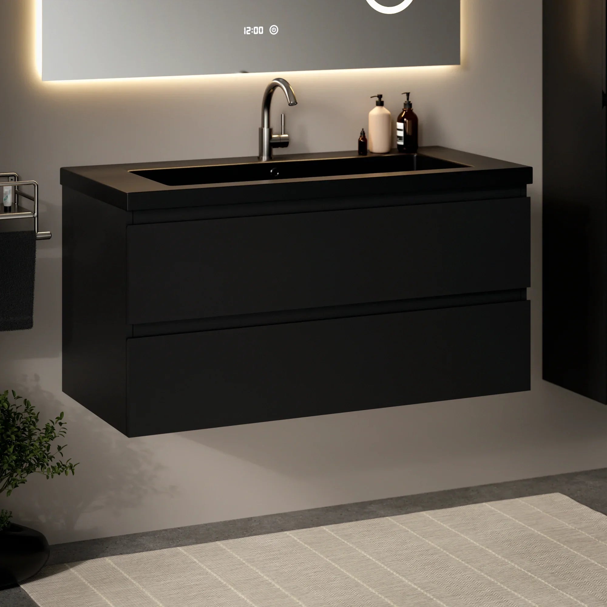 Badezimmermöbel Set Novara – 100 cm – Mattschwarz – Schwarzes Waschbecken