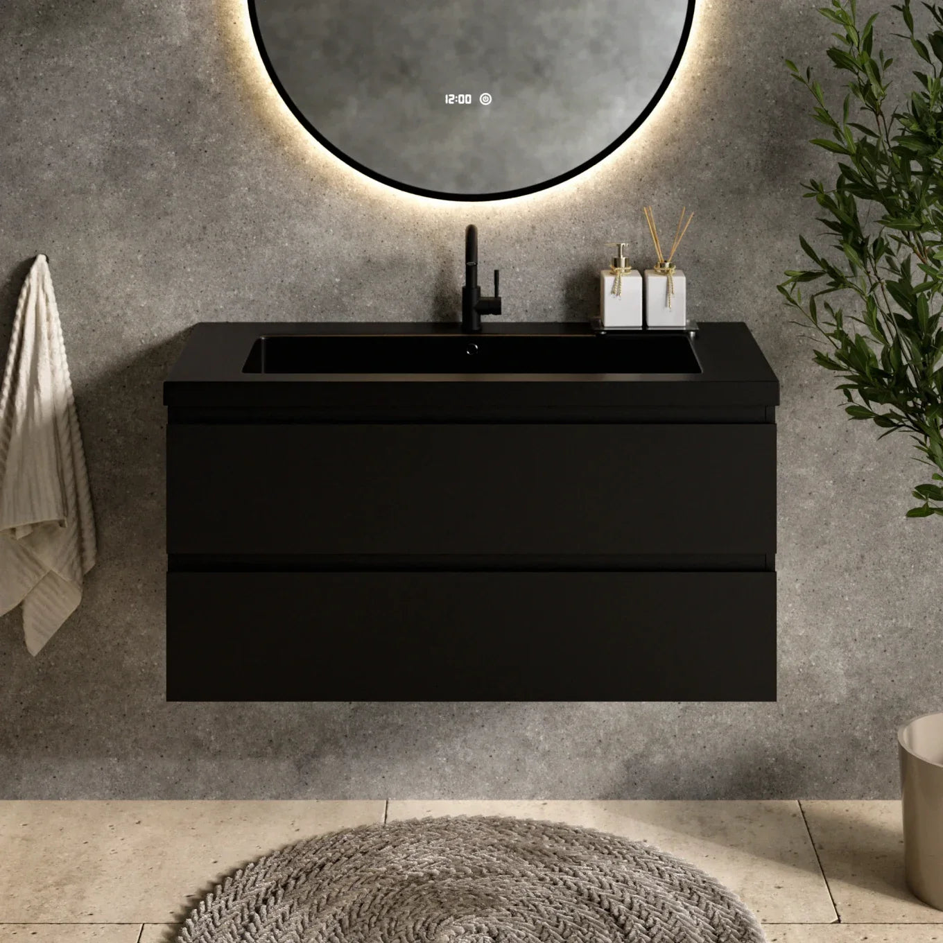 Badezimmermöbel Set Novara – 100 cm – Mattschwarz – Schwarzes Waschbecken