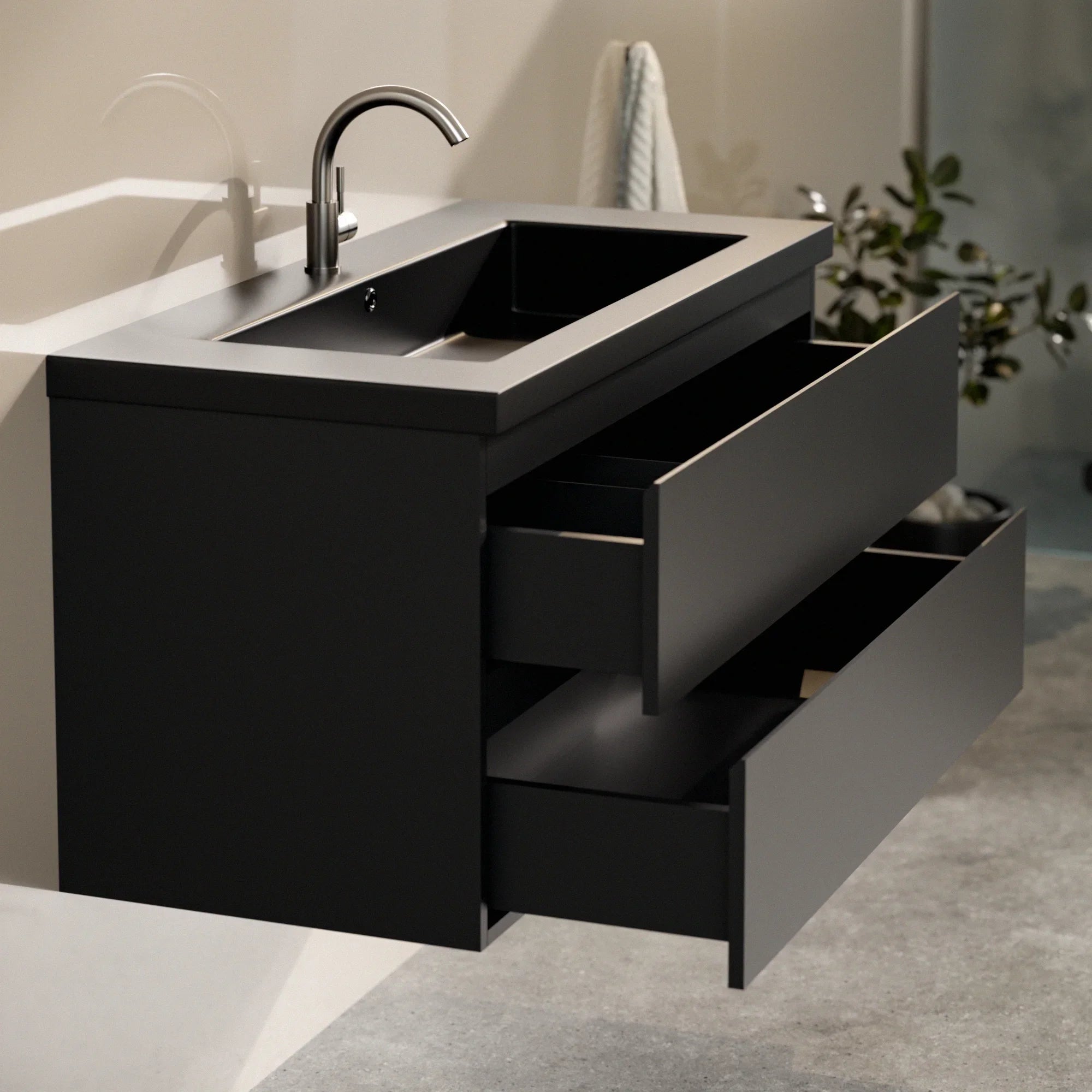 Badezimmermöbel Set Novara – 100 cm – Mattschwarz – Schwarzes Waschbecken