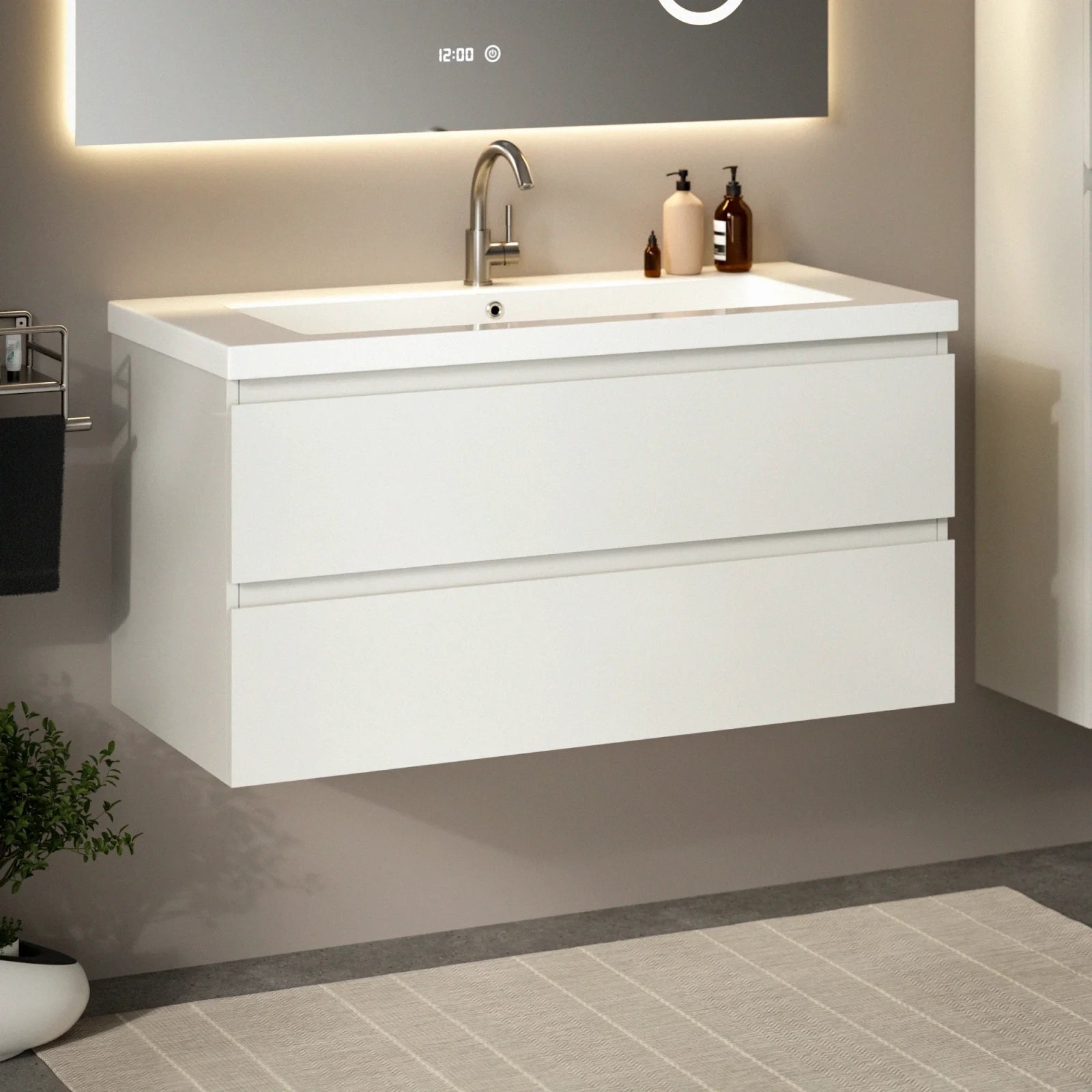Badezimmermöbel Set London – 100 cm – Weiß – Weißes Waschbecken