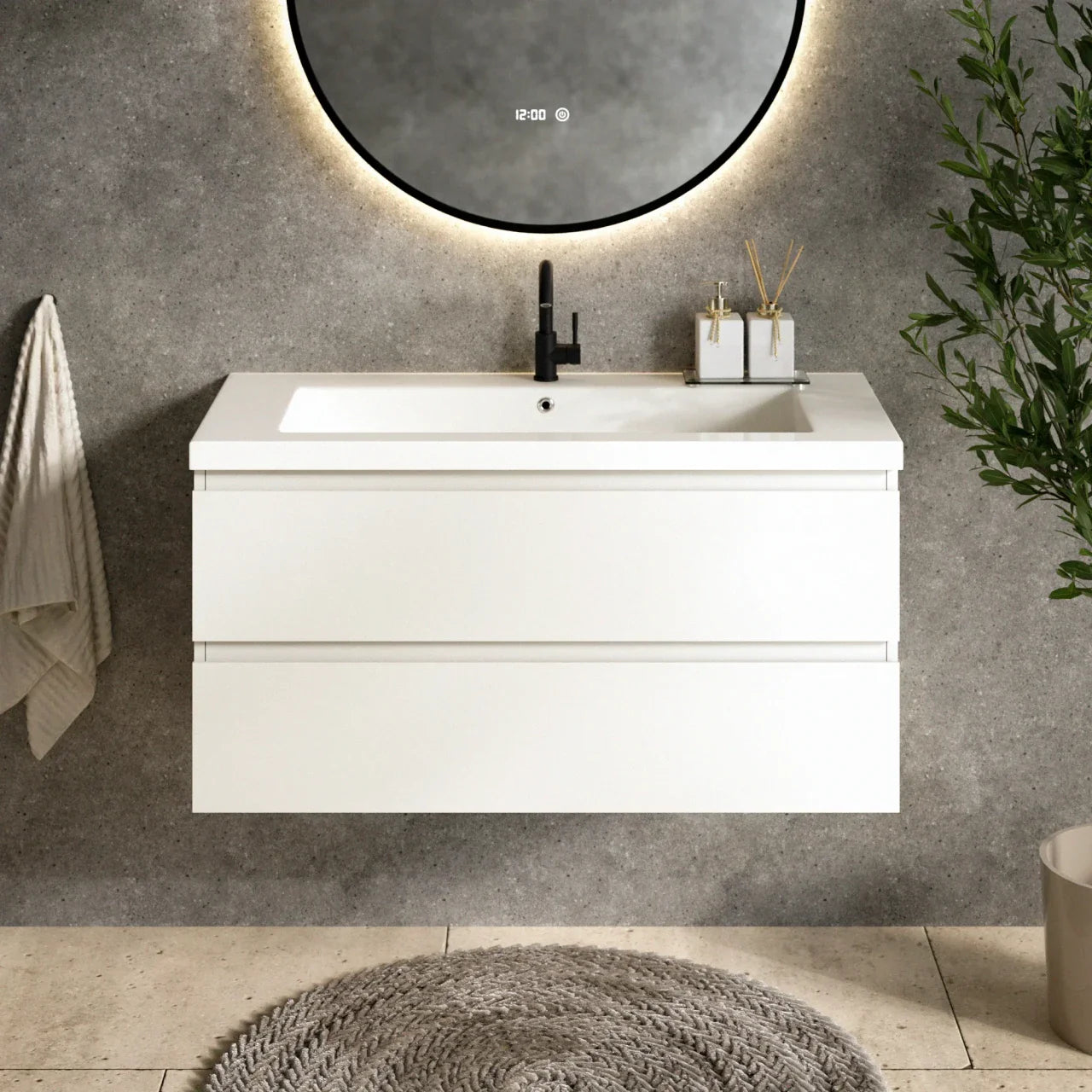 Badezimmermöbel Sena – 100 cm – Weiß – Weißes Waschbecken