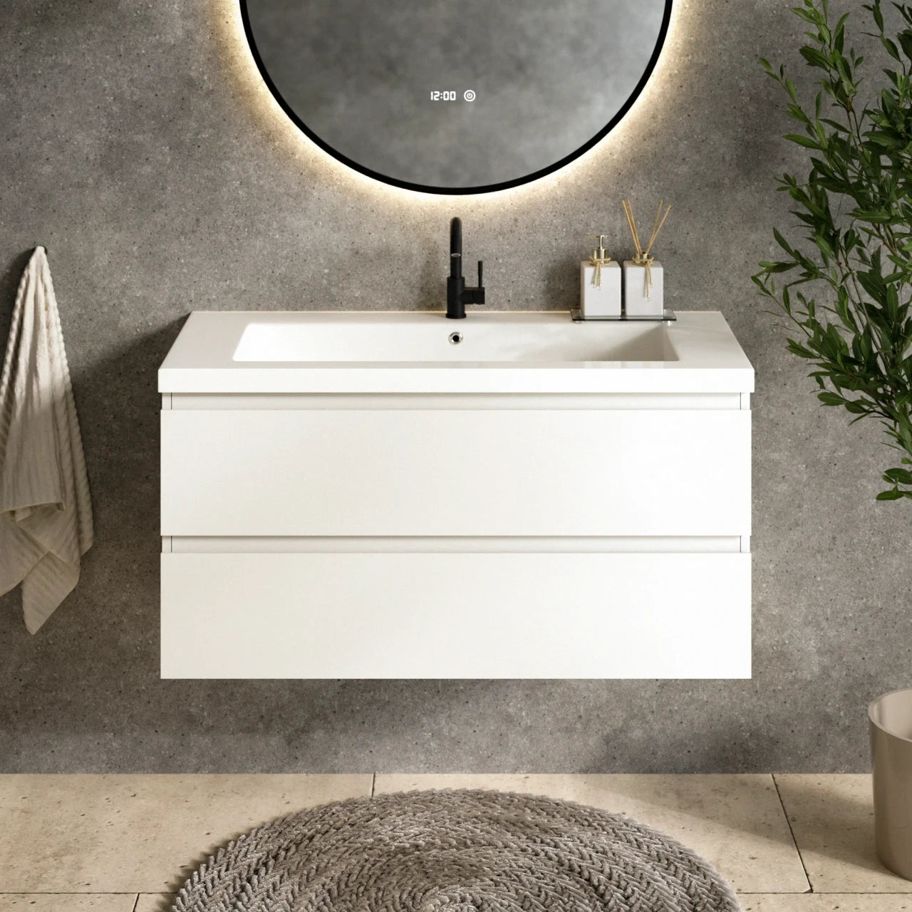 Badezimmermöbel Set London – 100 cm – Weiß – Weißes Waschbecken