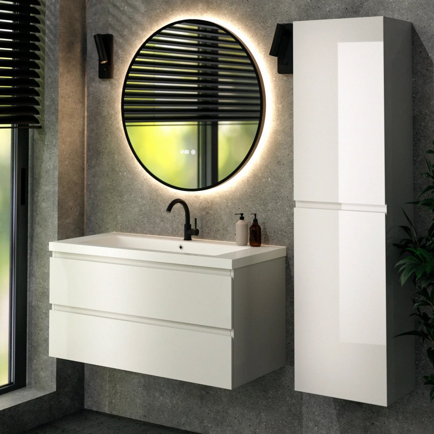Badezimmermöbel Set London – 100 cm – Weiß – Weißes Waschbecken