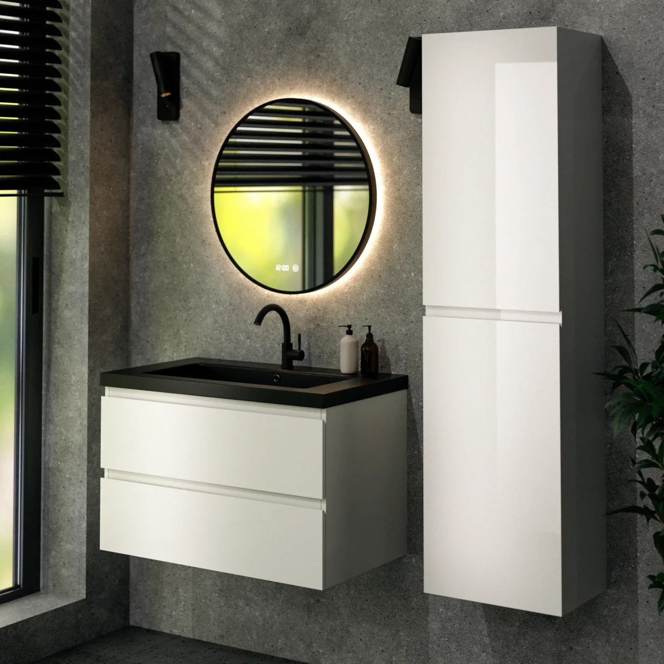 Badezimmermöbel Set Paris – 80 cm – Weiß – Schwarzes Waschbecken