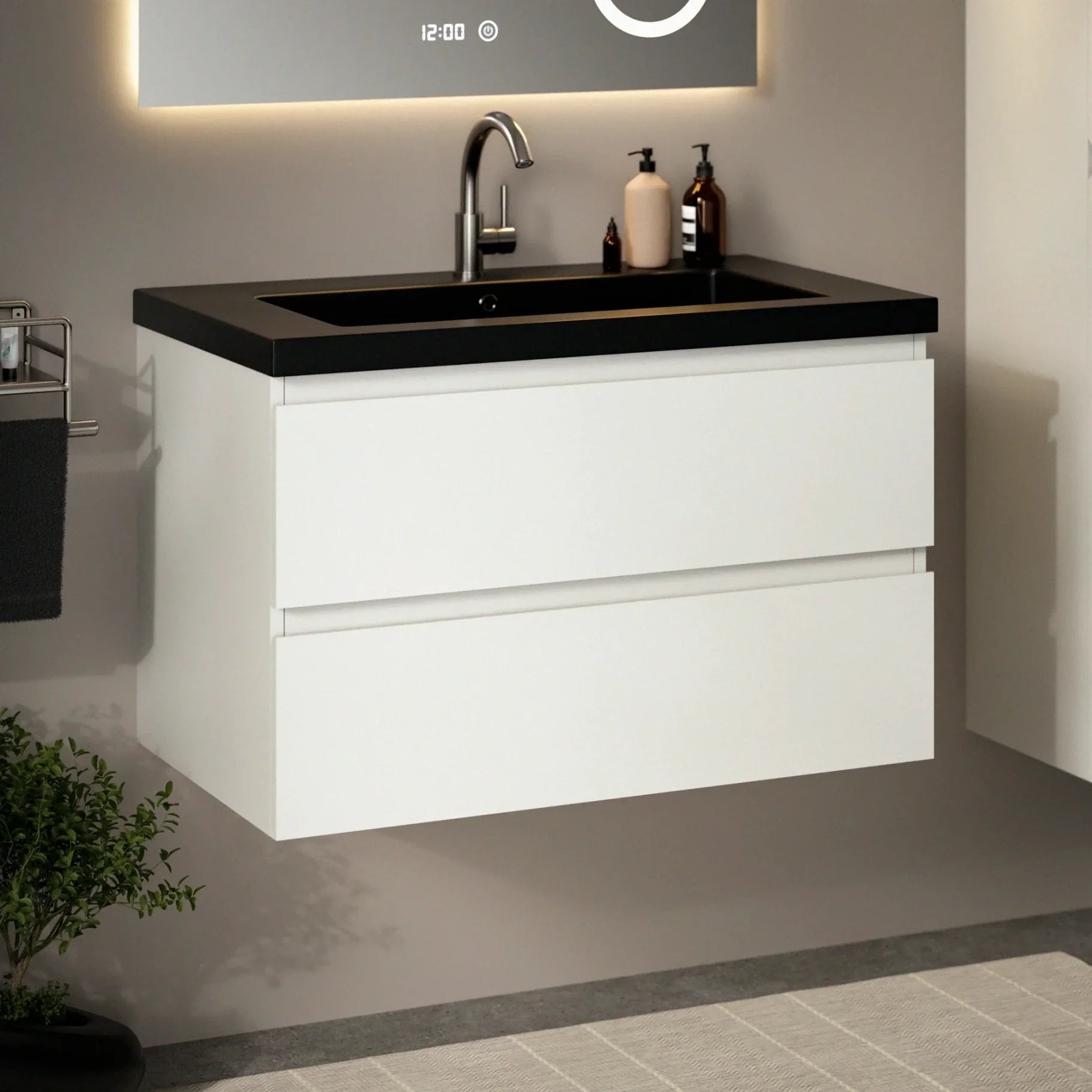 Badezimmermöbel Set Paris – 80 cm – Weiß – Schwarzes Waschbecken