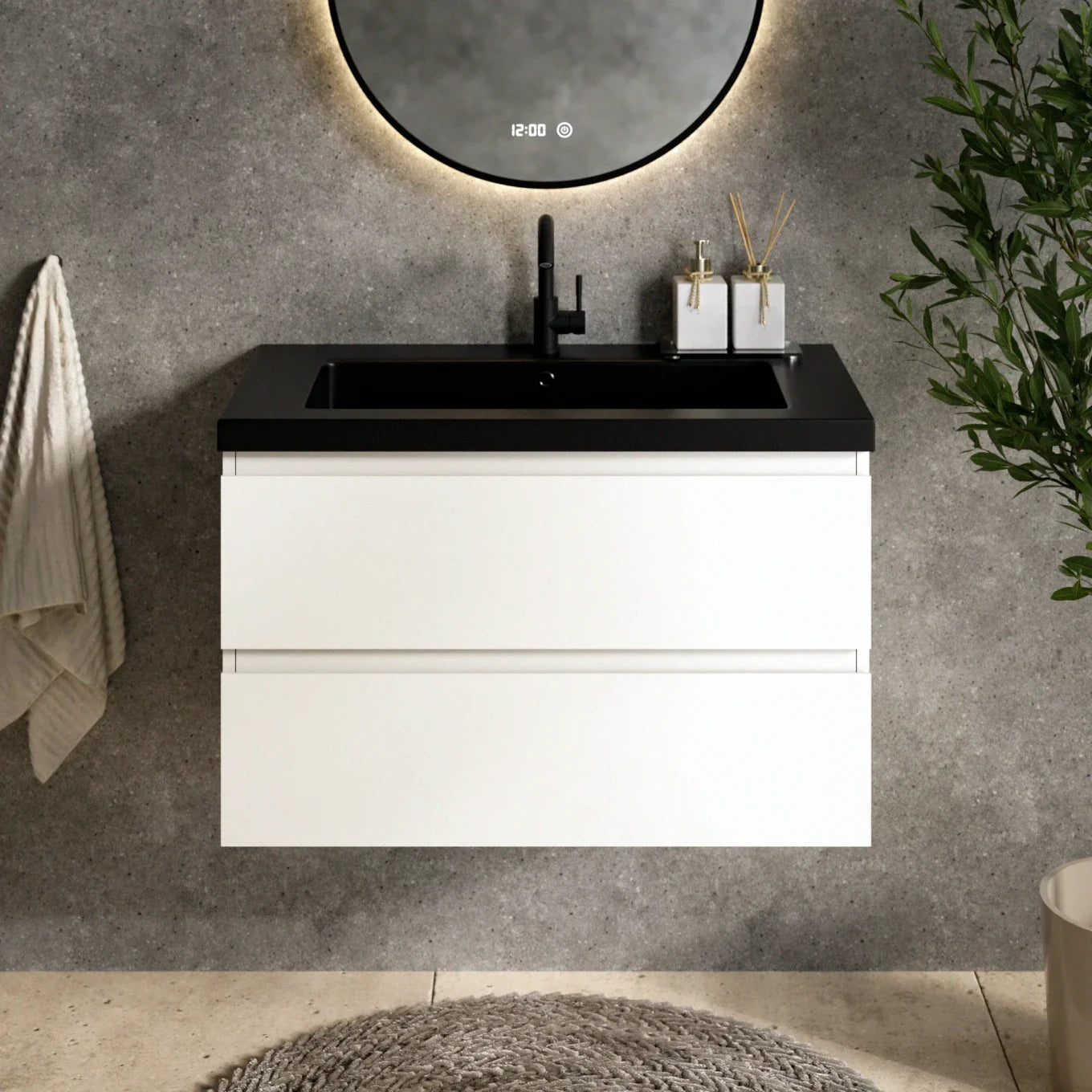 Badezimmermöbel Set Paris – 80 cm – Weiß – Schwarzes Waschbecken