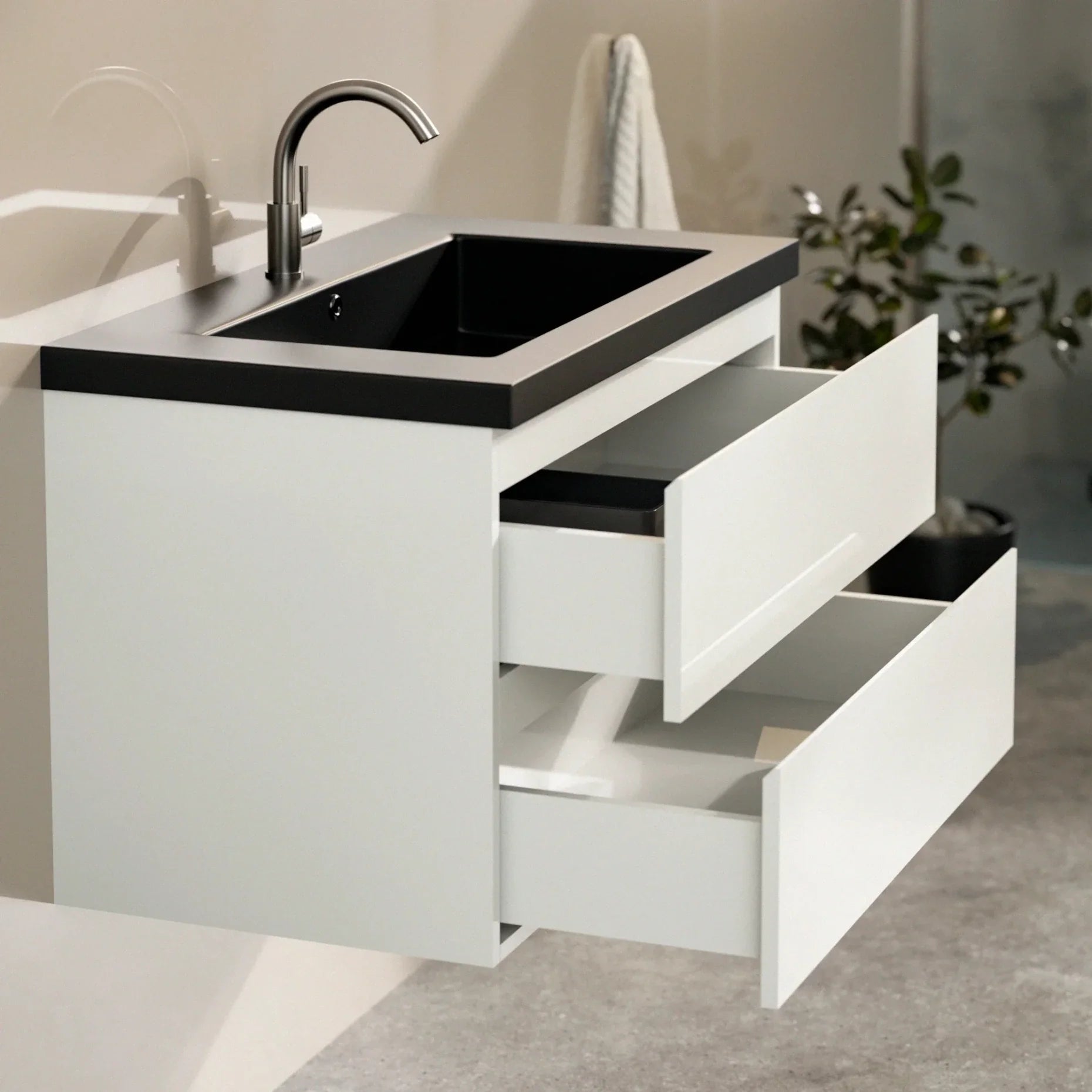 Badezimmermöbel Set Paris – 80 cm – Weiß – Schwarzes Waschbecken