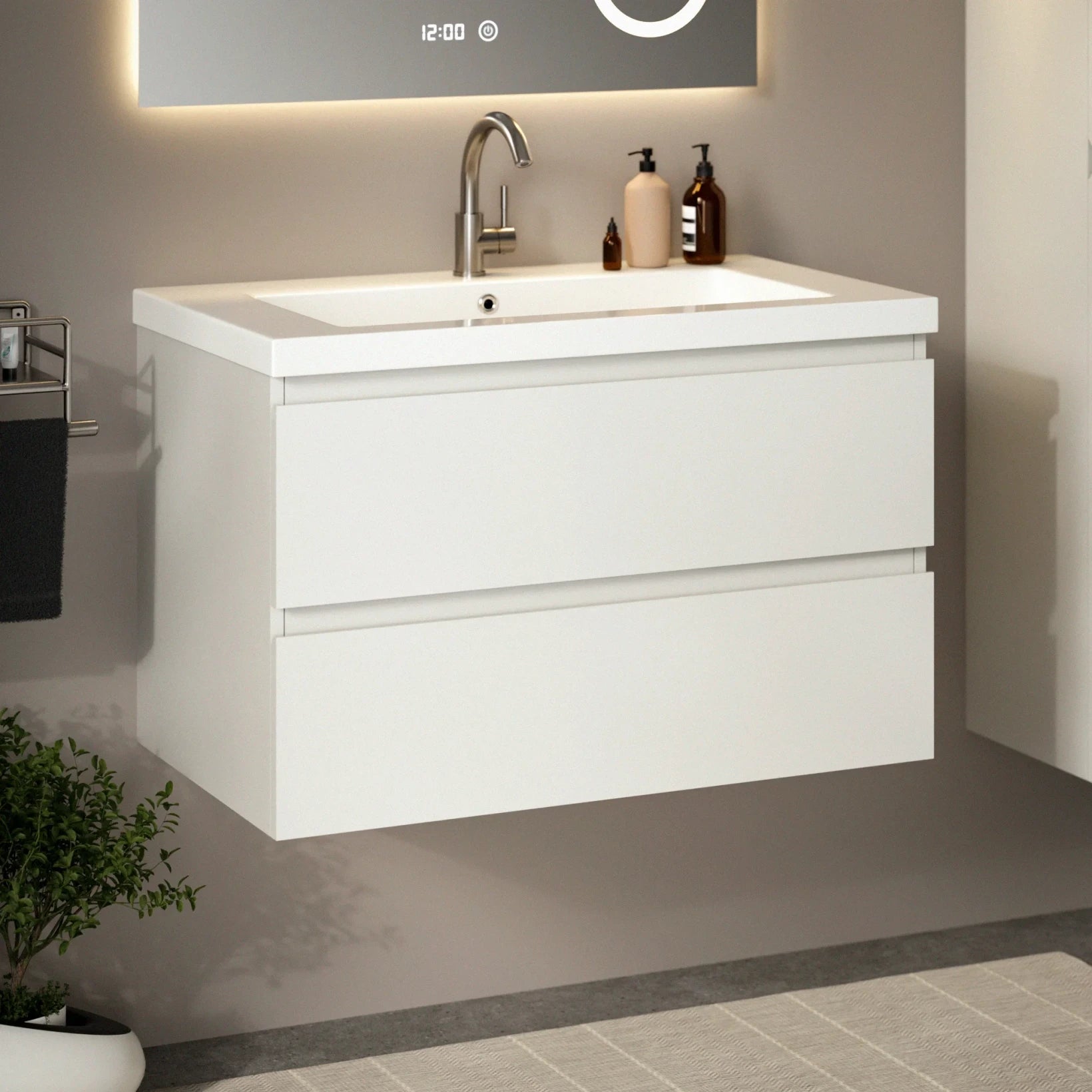 Badezimmermöbel Set London – 80 cm – Weiß – Weißes Waschbecken