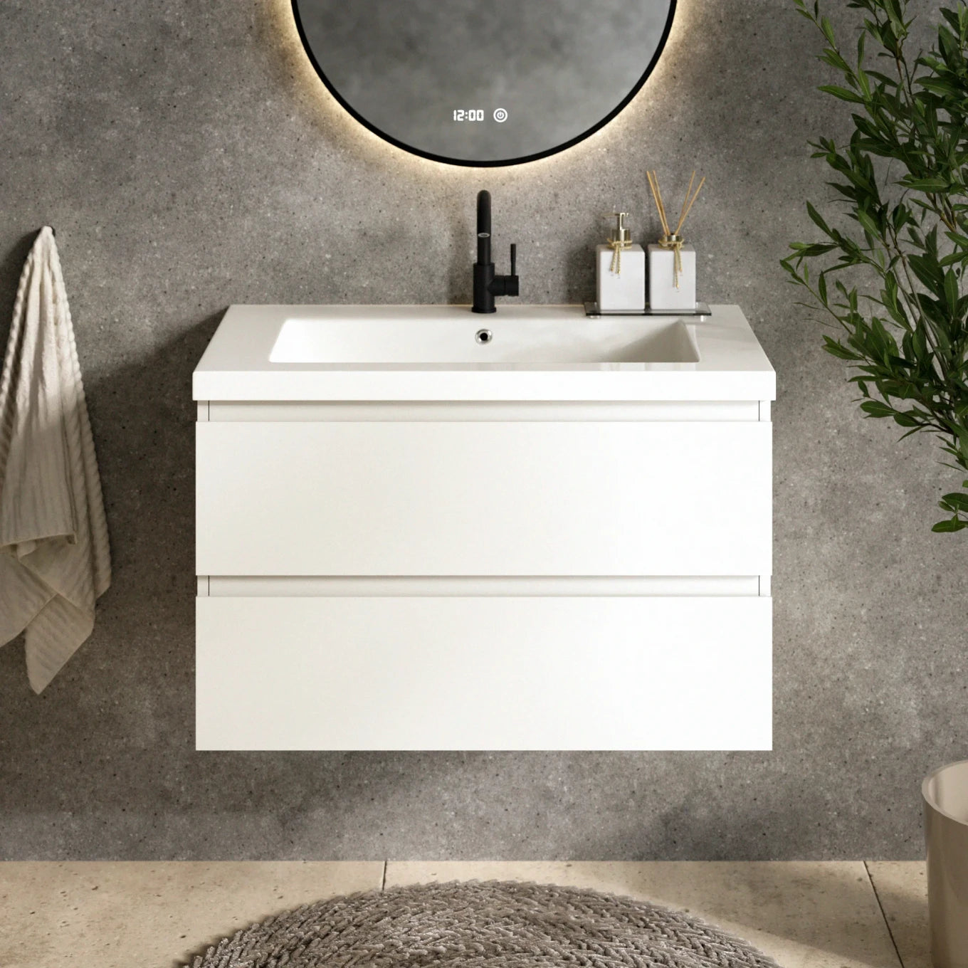 Badezimmermöbel Set London – 80 cm – Weiß – Weißes Waschbecken