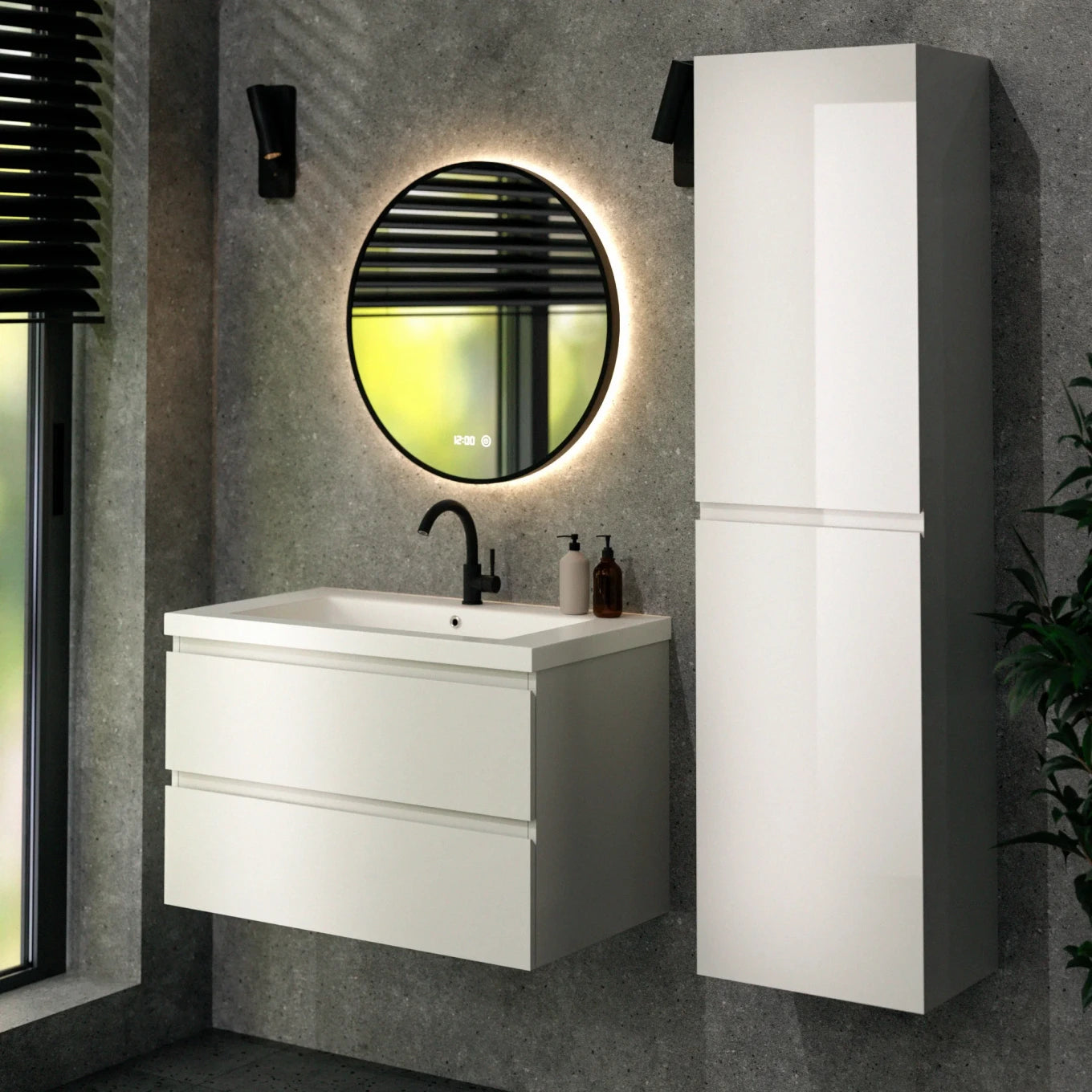 Badezimmermöbel Set London – 80 cm – Weiß – Weißes Waschbecken