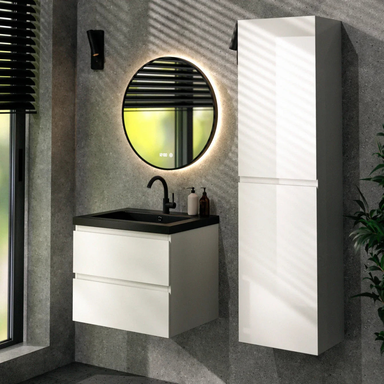 Badezimmermöbel Set Paris – 60 cm – Weiß – Schwarzes Waschbecken