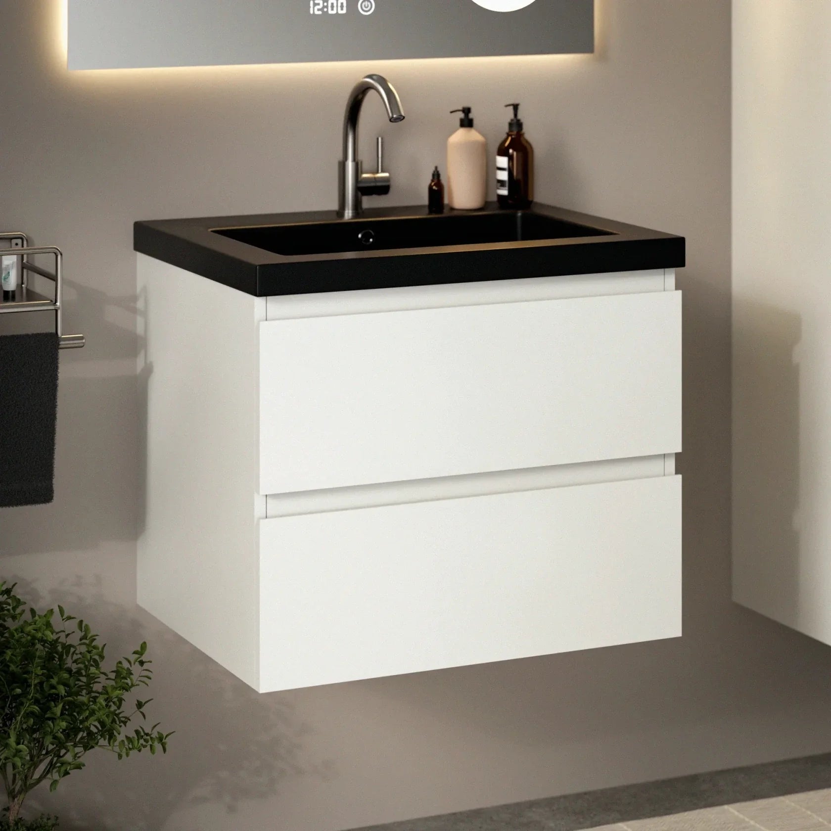 Badezimmermöbel Set Paris – 60 cm – Weiß – Schwarzes Waschbecken