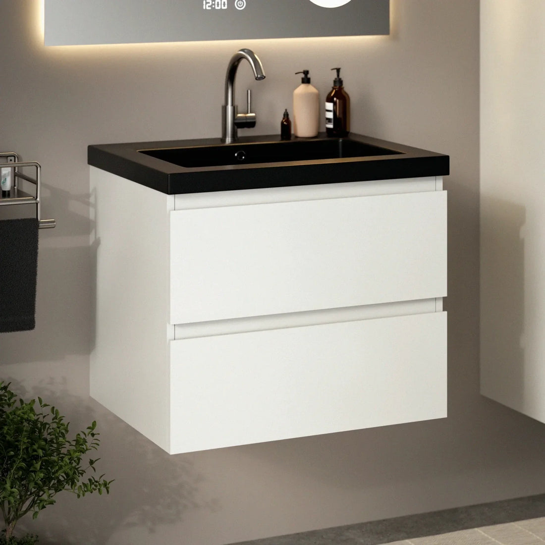 Badezimmermöbel Karo – 60 cm – Weiß – Schwarzes Waschbecken