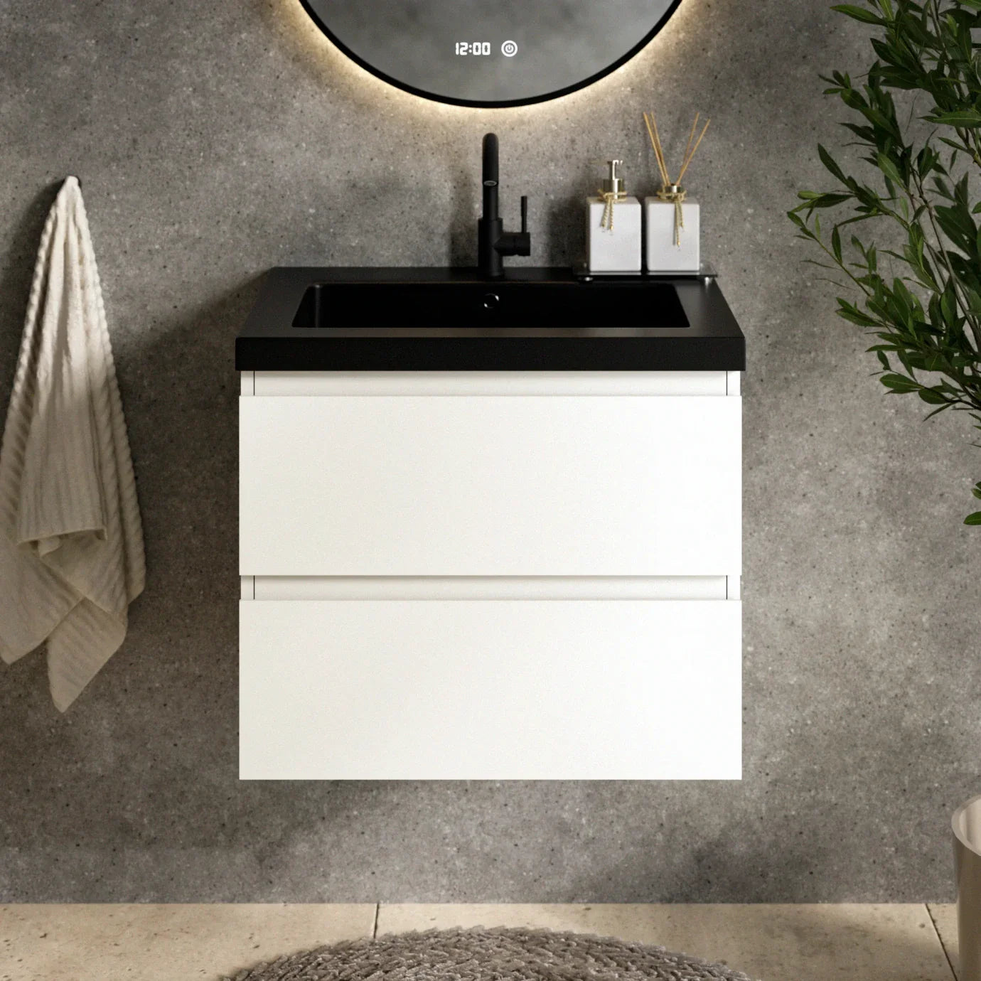 Badezimmermöbel Set Paris – 60 cm – Weiß – Schwarzes Waschbecken