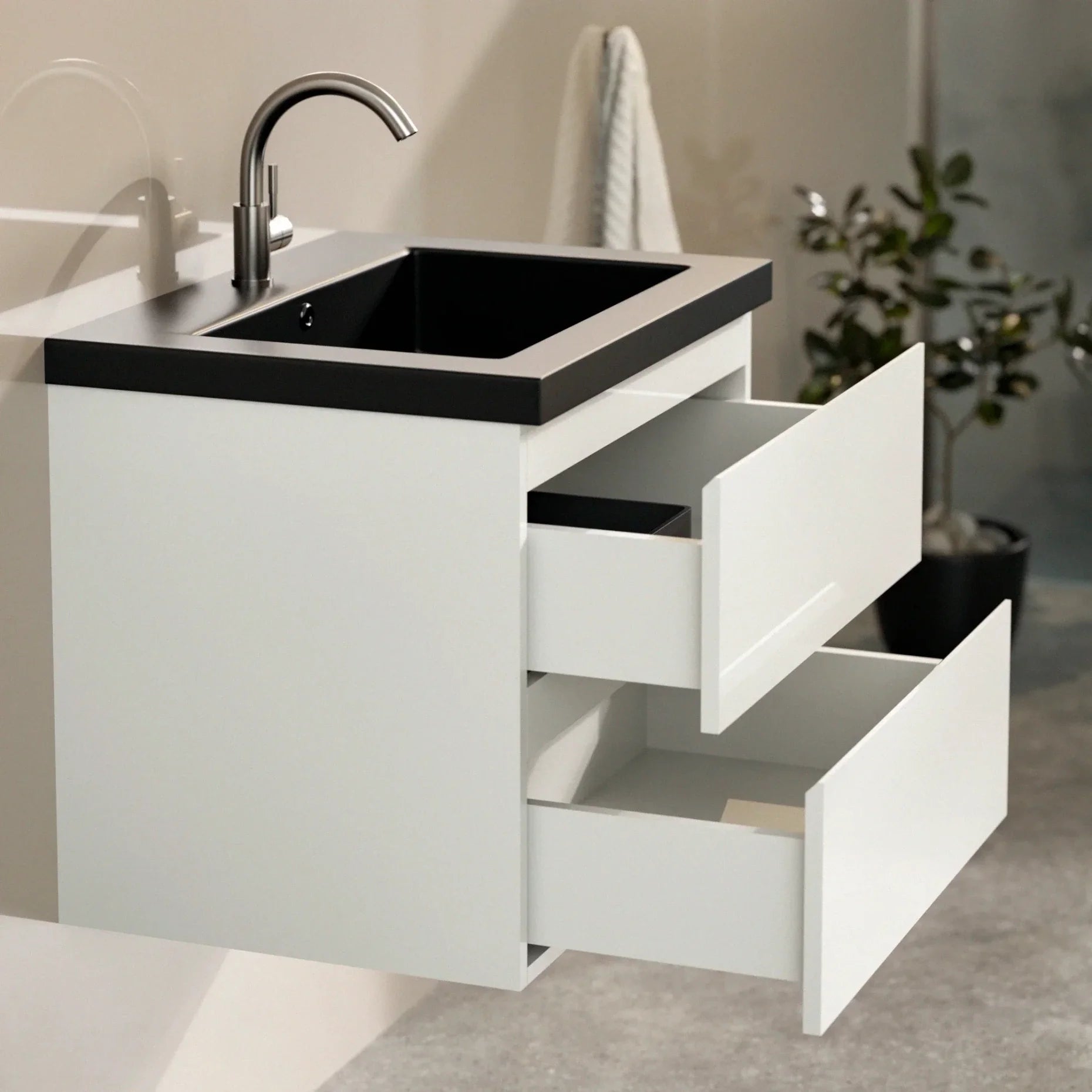 Badezimmermöbel Karo – 60 cm – Weiß – Schwarzes Waschbecken