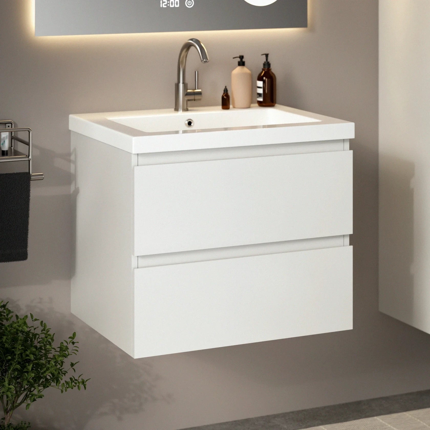 Badezimmermöbel Set London – 60 cm – Weiß – Weißes Waschbecken