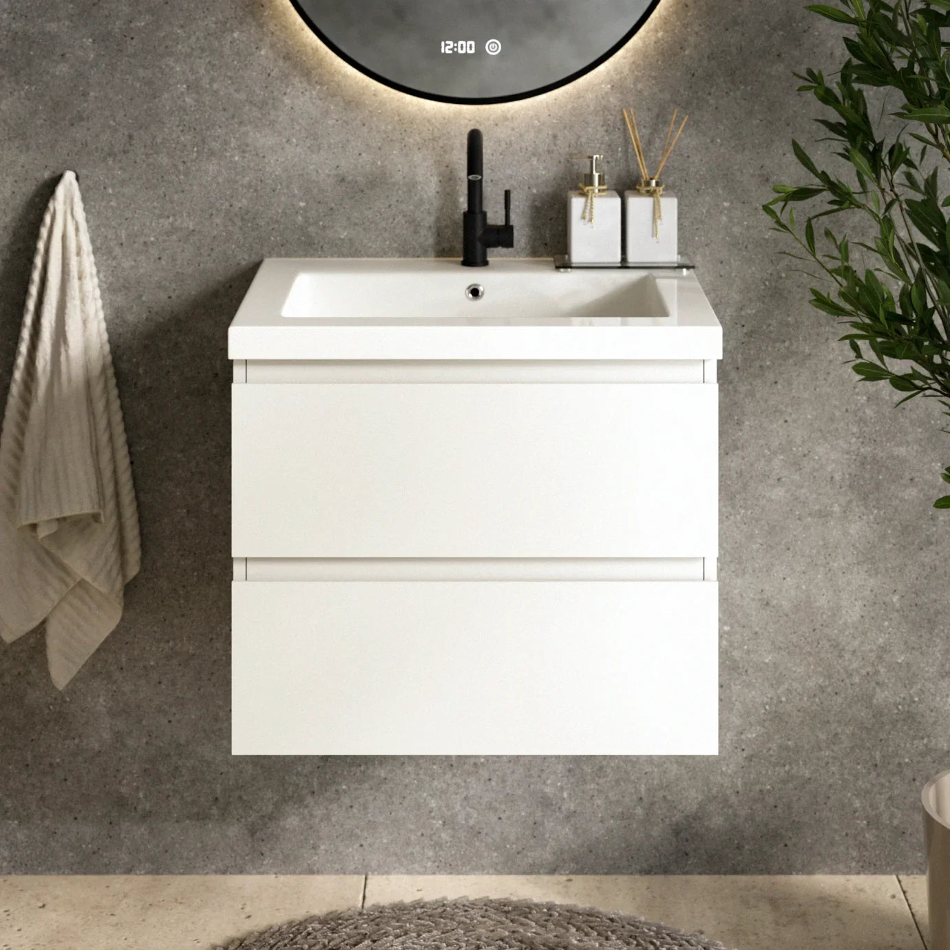 Badezimmermöbel Karo – 60 cm – Weiß – Weißes Waschbecken