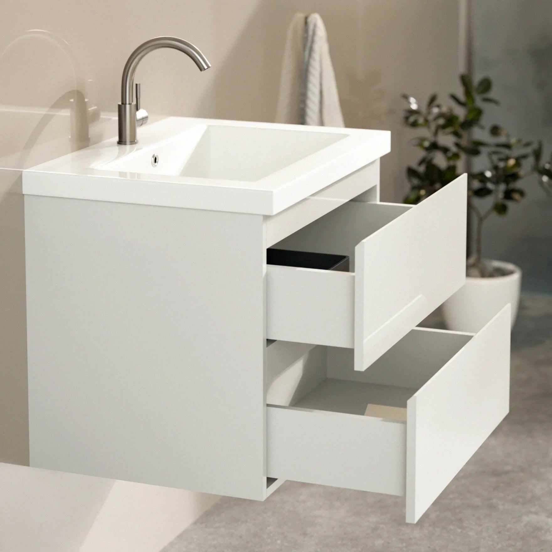 Badezimmermöbel Set London – 60 cm – Weiß – Weißes Waschbecken