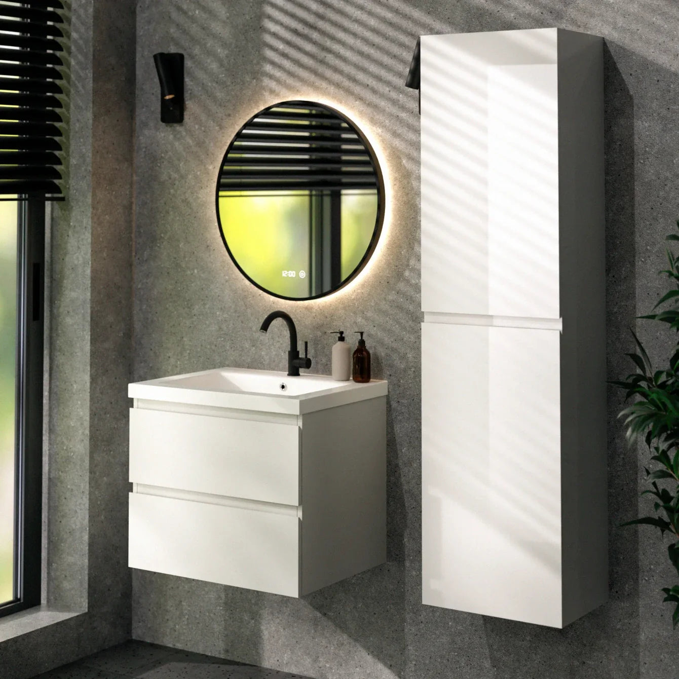 Badezimmermöbel Karo – 60 cm – Weiß – Weißes Waschbecken