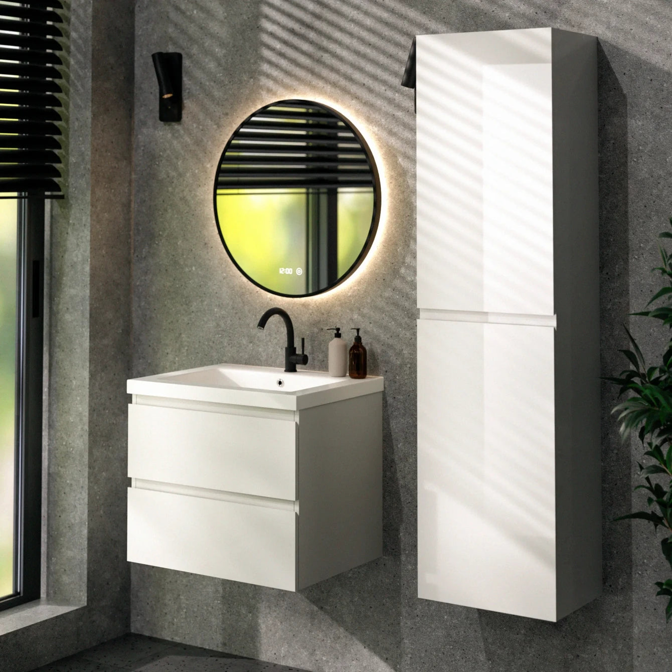 Badezimmermöbel Set London – 60 cm – Weiß – Weißes Waschbecken
