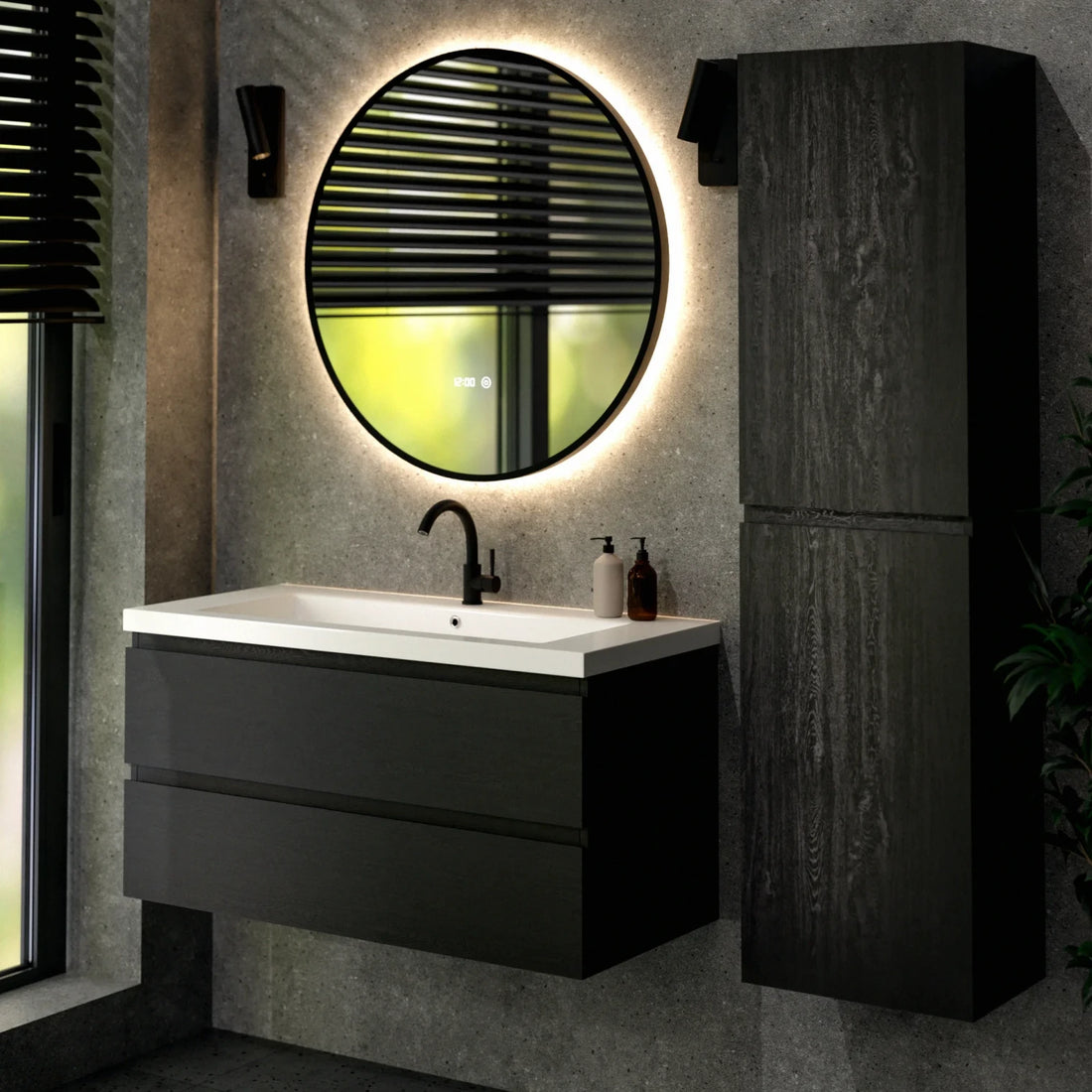 Badezimmermöbel Set Montero – 100 cm – Schwarze Eiche – Weißes Waschbecken