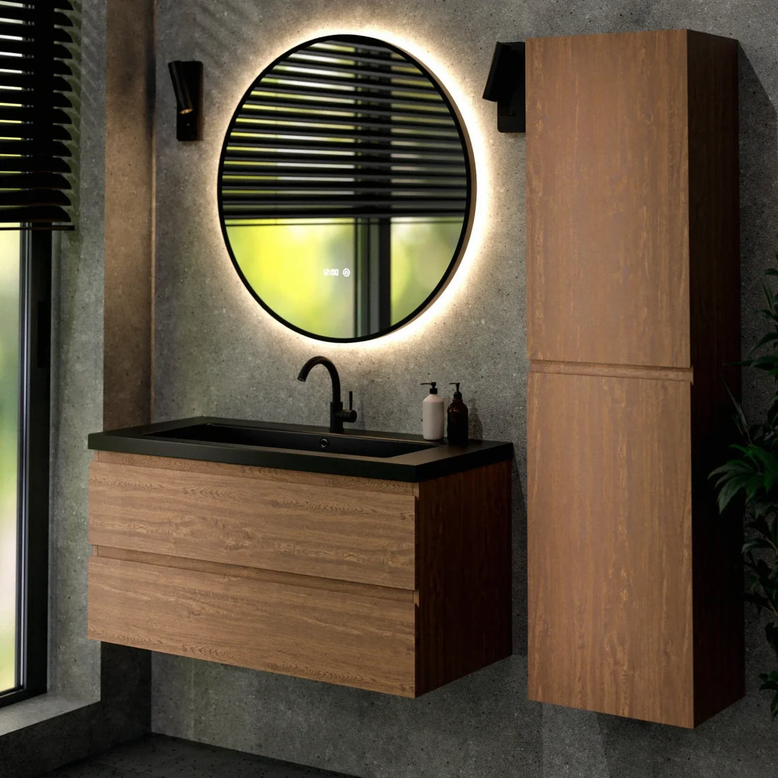 Badezimmermöbel Set Verona – 100 cm – Warme Eiche – Schwarzes Waschbecken